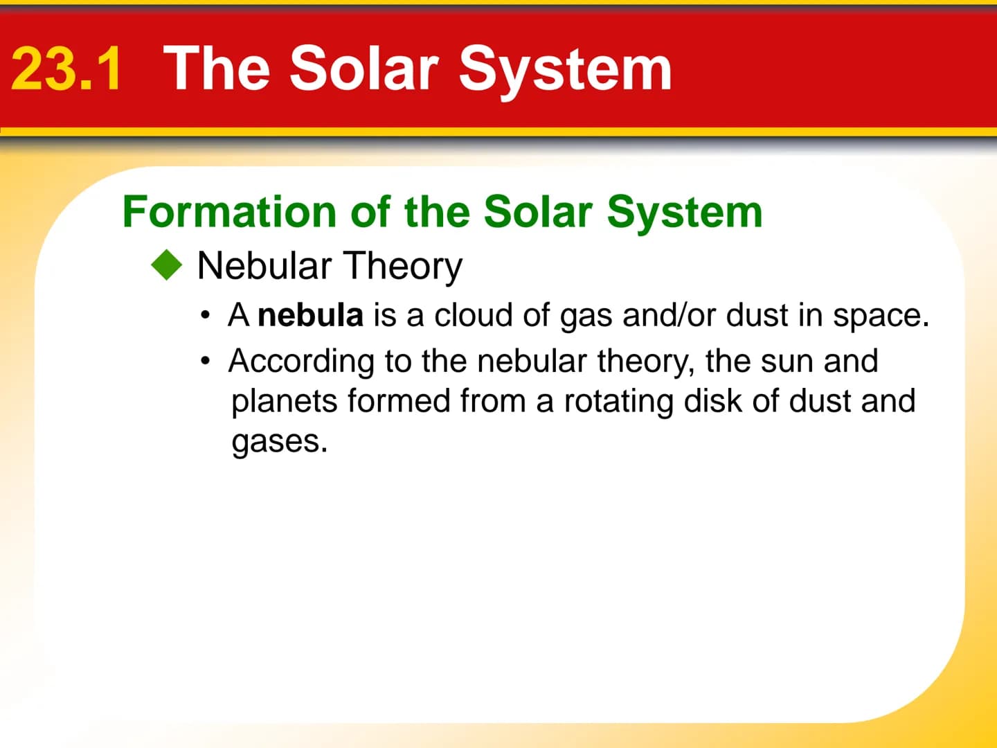Chapter Touring Our
Solar System
23 23.1 The Solar System
The Planets: An Overview
The terrestrial planets are planets that are
small and ro