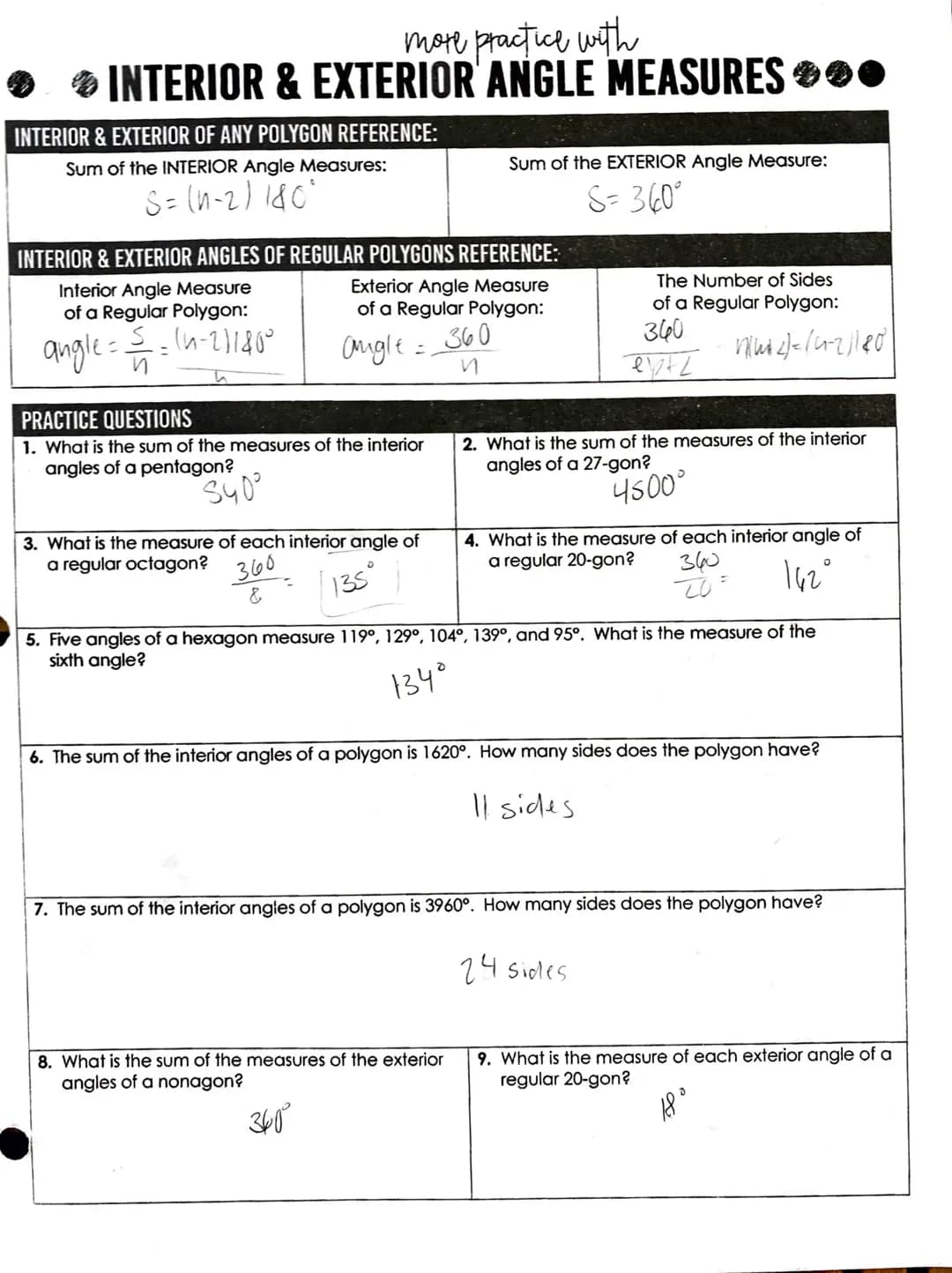 Interior and exterior angle measures 