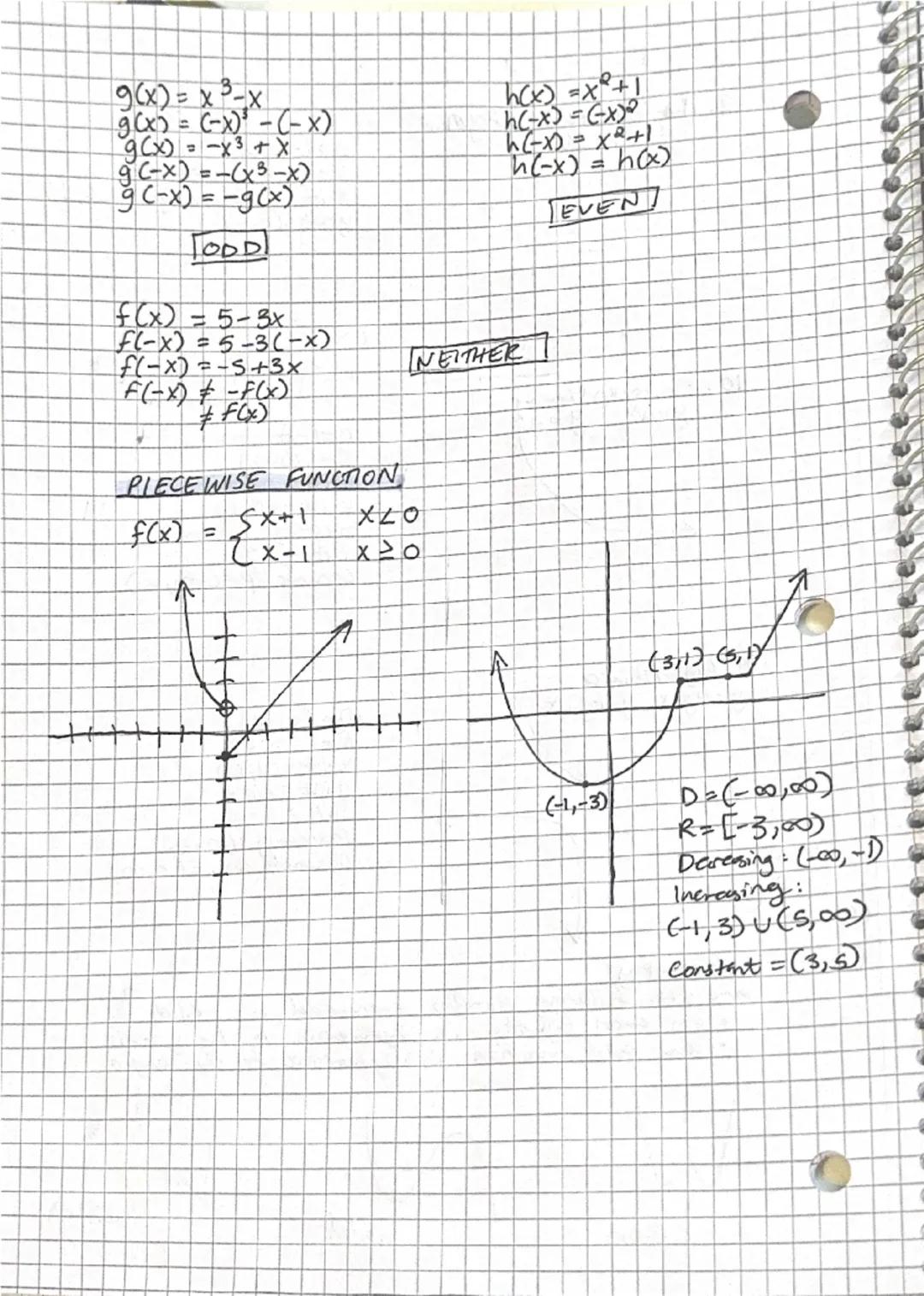 # 1.2 Functions & 1.3 Graphs of Functions

1. The Constant
y=2

←

D=(108,00)
R = [2] {yl y=a}
X-int=None
y-int:(0,2)

2. The Linear
y = x

