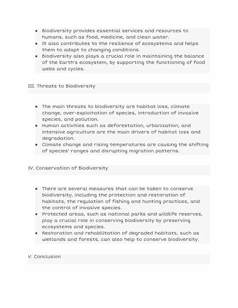 I. Introduction
Biodiversity
• Biodiversity refers to the variety of life in the world, including
the variety of species, ecosystems, and ge