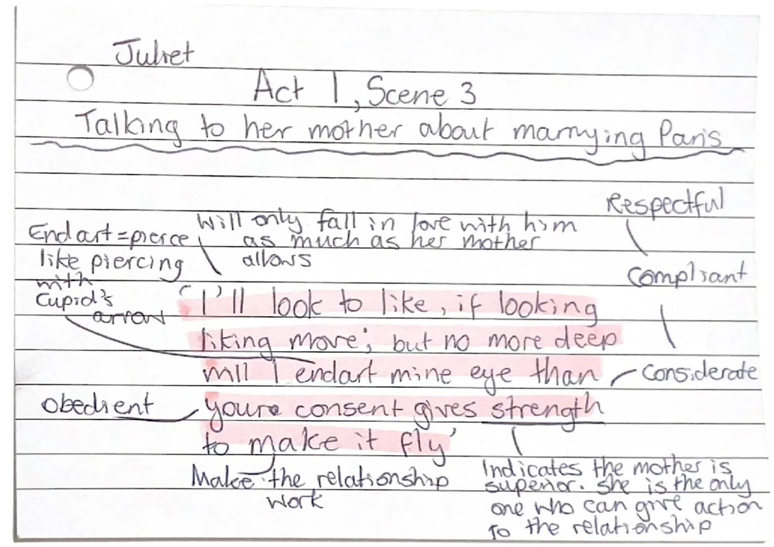 
<h2 id="act1scene3">Act 1, Scene 3</h2>
<p>Juliet is talking to her mother about marrying Paris. She is respectful and obedient, indicating