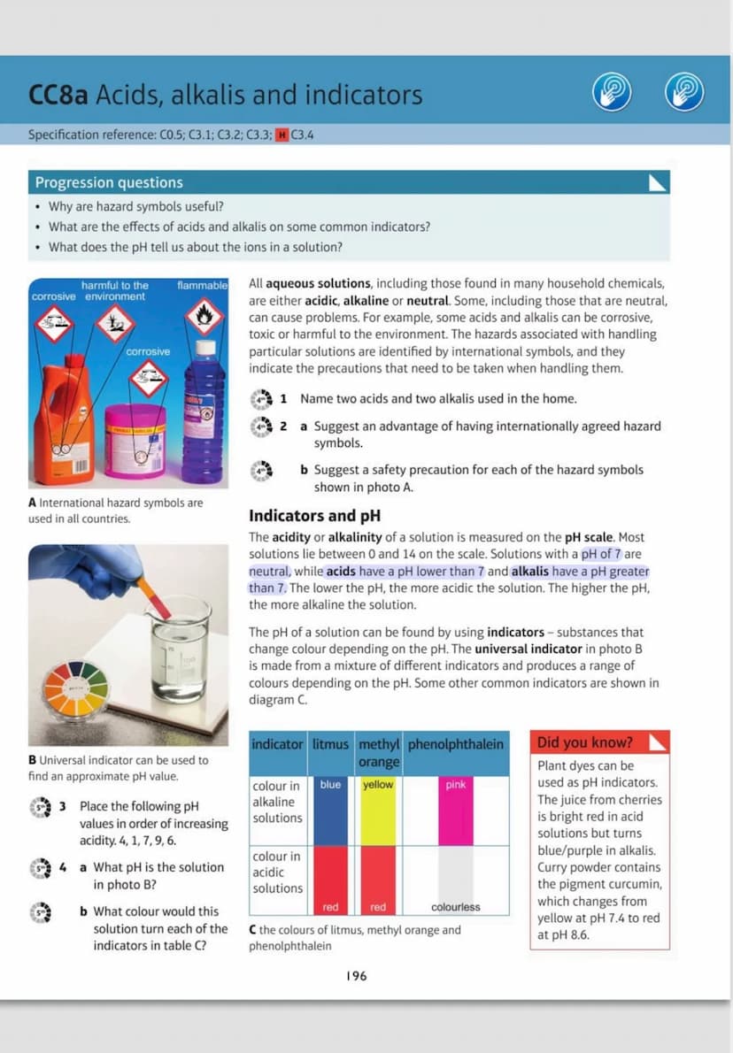 Acids and Alkalis
If there is
ph level.
Ph stands for power of hydrogen ions
The pH Scale
Common acids: hydrochloric acid, sulfuric acid. ni