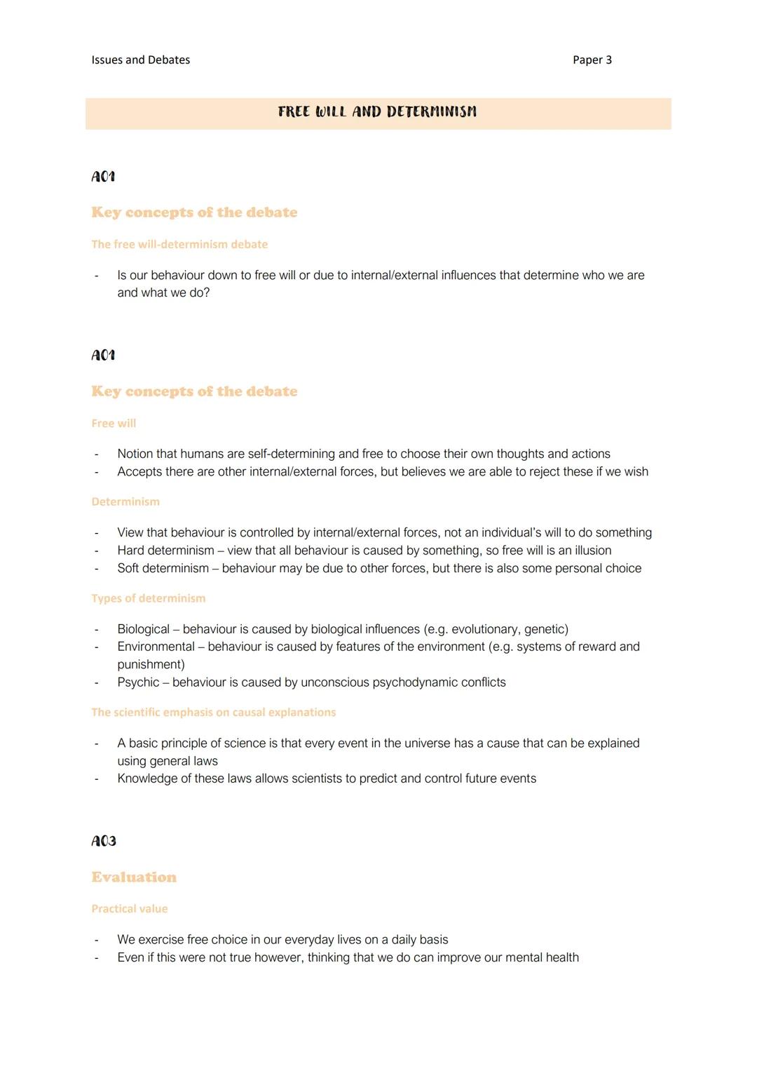 Issues and Debates
A01
Key concepts of the debate
The free will-determinism debate
A01
Key concepts of the debate
Free will
FREE WILL AND DE