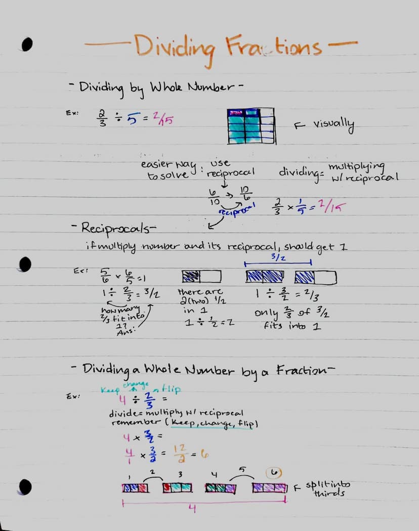 -Dividing by Whole Number -
2÷5=²65
Ex:
E<!
-Dividing Fra tions -
Ex:
easier way:
to solve
5+2=1
1 ÷ ¾/327 = 3/2
how many.
2/3 fit into
1?
A