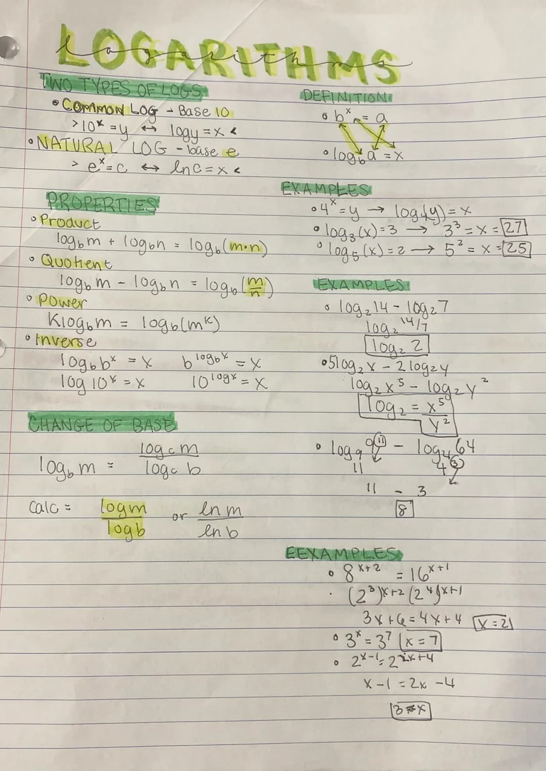 G
LOGARITHMS
TWO TYPES OF LOGS
O
· COMMON LOG - Base 10
>10* = y + logy = x <
NATURAL LOG -base e
> e²=C < lnc = x <
PROPERTIES
Product
log₂