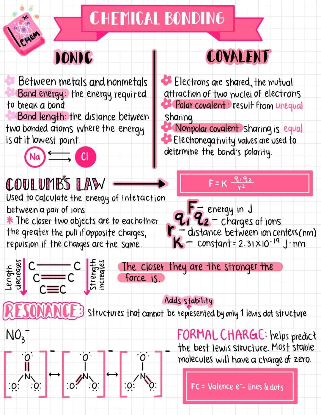 NC
CHEM
JONIC
Between metals and nonmetals
Bond energy: the energy required.
to break a bond.
Bond length: the distance between
two bonded a