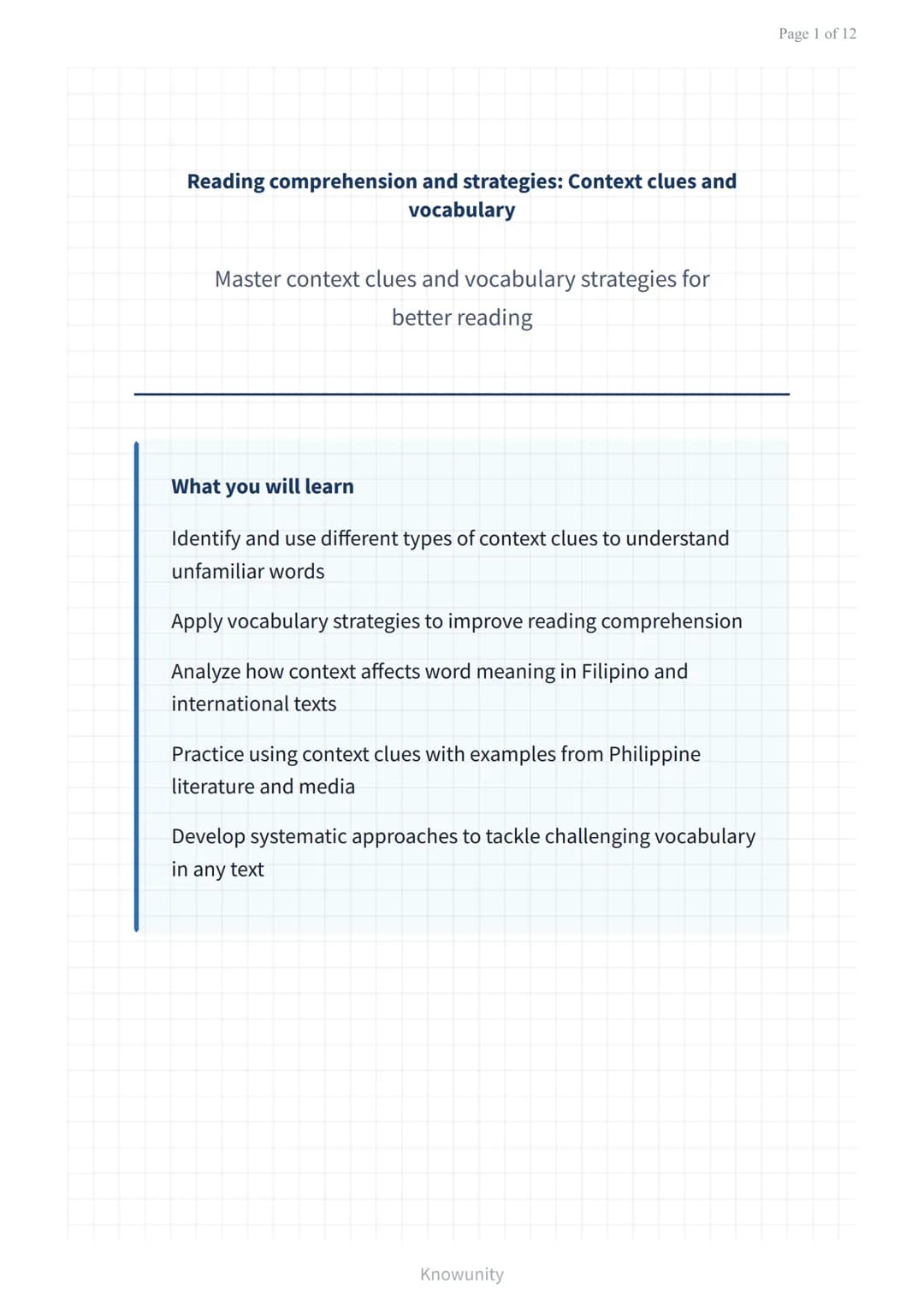 Reading comprehension and strategies: Context clues and
vocabulary
Master context clues and vocabulary strategies for
better reading
What yo