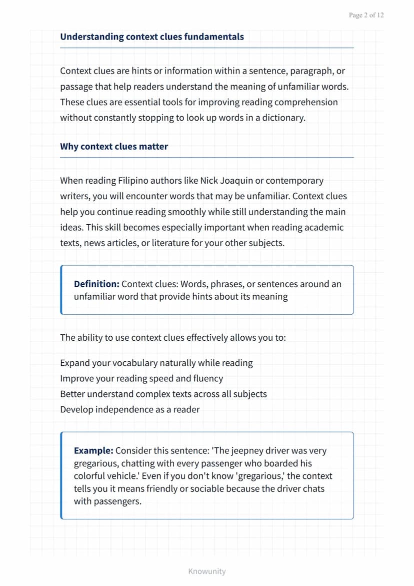 Reading comprehension and strategies: Context clues and
vocabulary
Master context clues and vocabulary strategies for
better reading
What yo