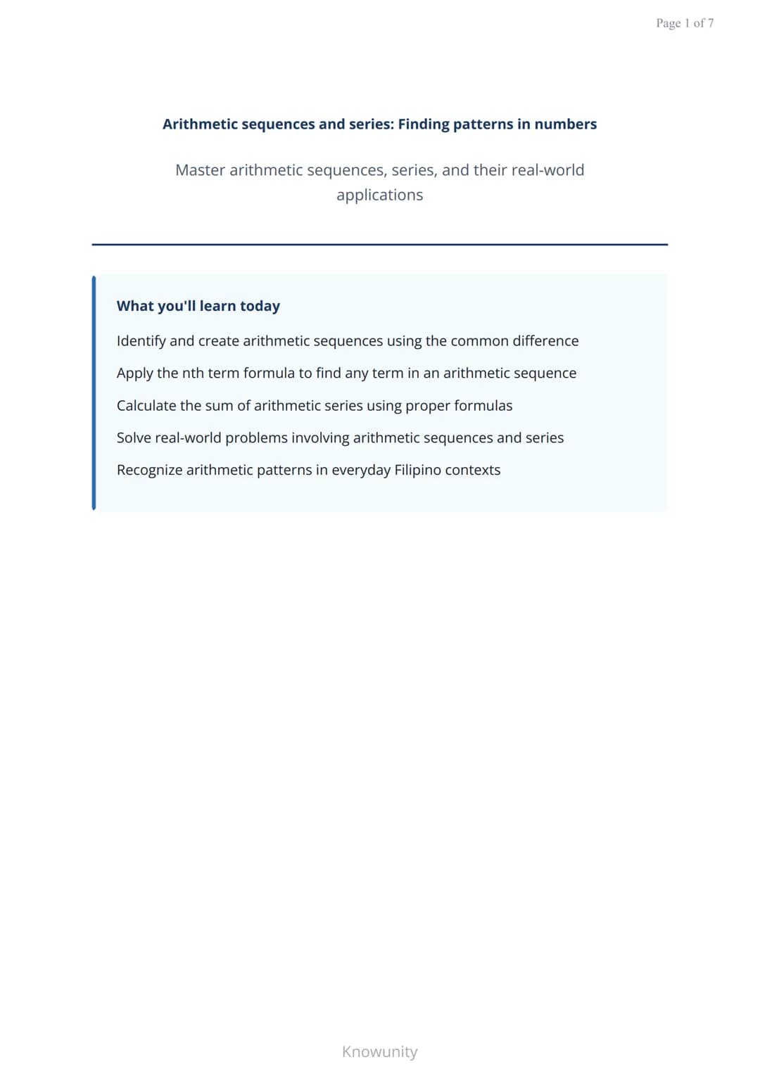Arithmetic sequences and series: Finding patterns in numbers
Master arithmetic sequences, series, and their real-world
applications
What you
