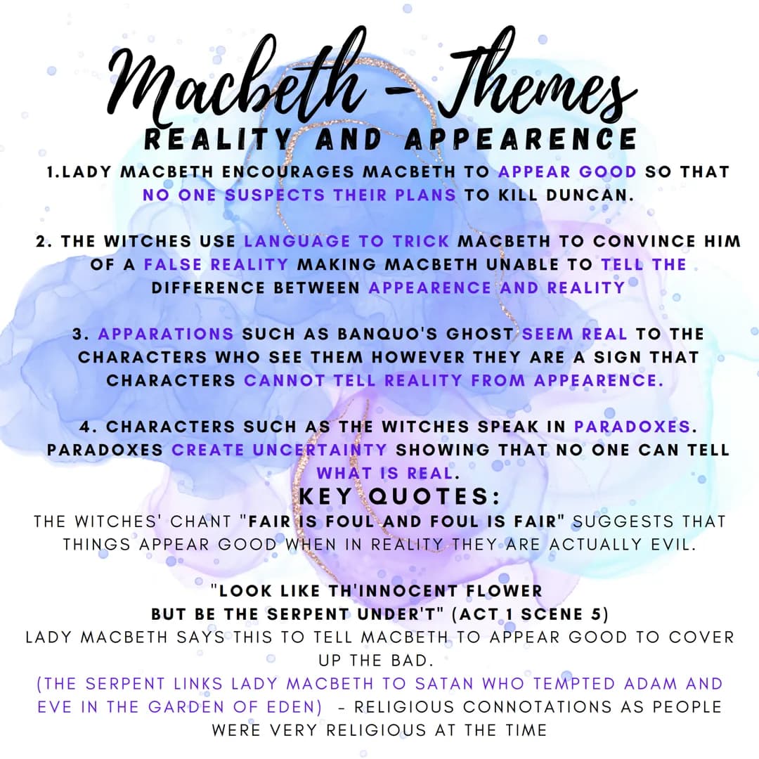 O
600
Macbeth - Themes
REALITY AND APPEARENCE
1.LADY MACBETH ENCOURAGES MACBETH TO APPEAR GOOD SO THAT
NO ONE SUSPECTS THEIR PLANS TO KILL D