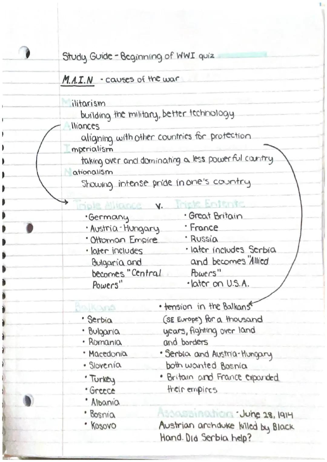 Study Guide-Beginning of WWI quiz.
M.A.I.N - causes of the war
ilitarism
building the military, better technology
Iliances
aligning with oth