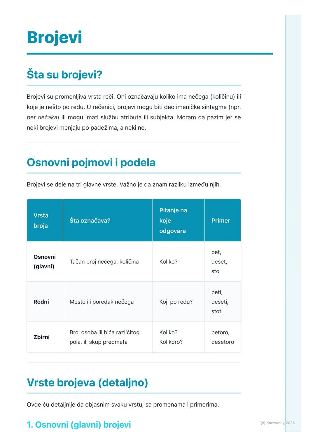 # Brojevi

## Šta su brojevi?

Brojevi su promenljiva vrsta reči. Oni označavaju koliko ima nečega (količinu) ili
koje je nešto po redu. U r