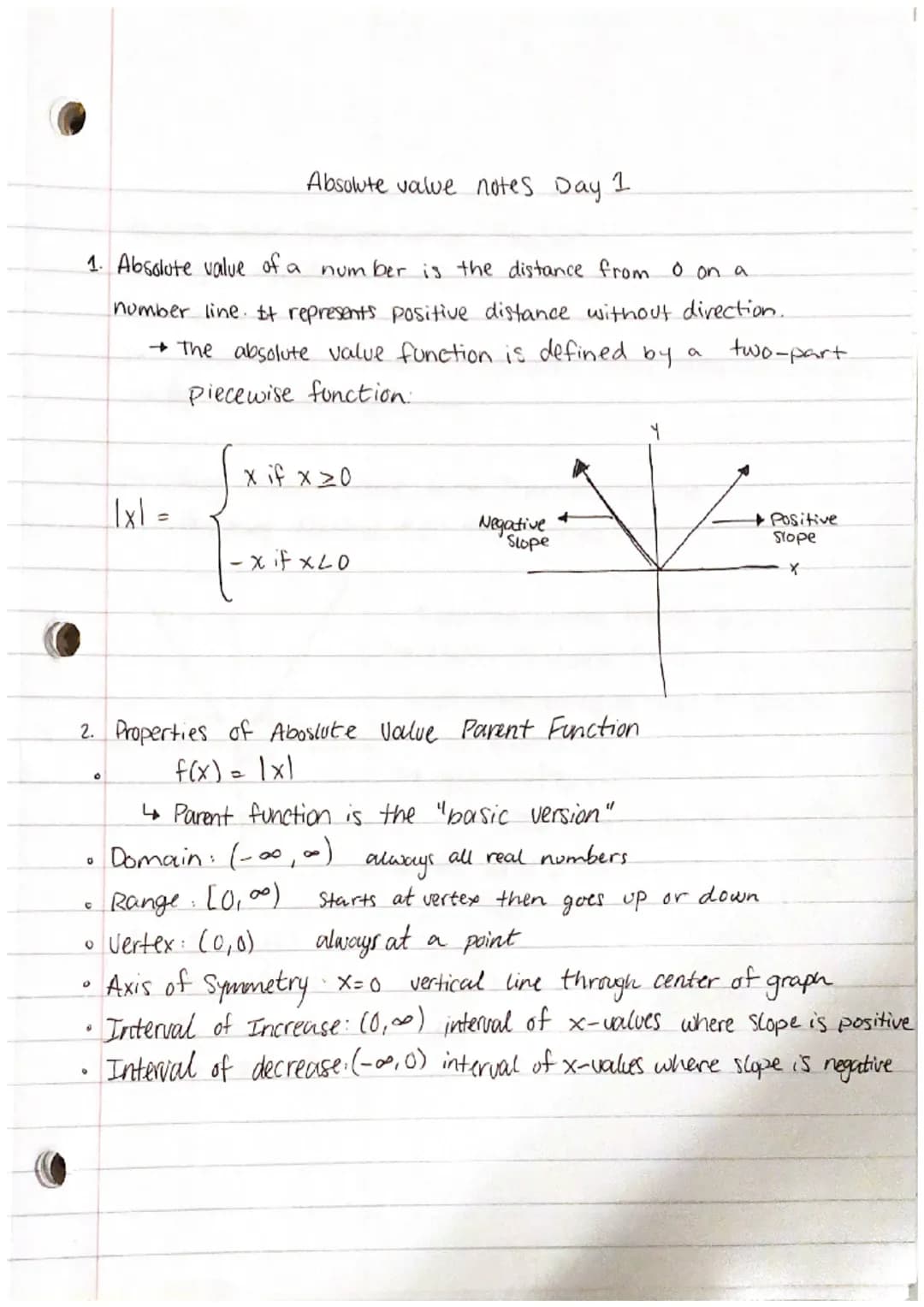 Absolute value notes Day 1
1. Absolute value of a number is the distance from 0 on a
number line. It represents positive distance without di