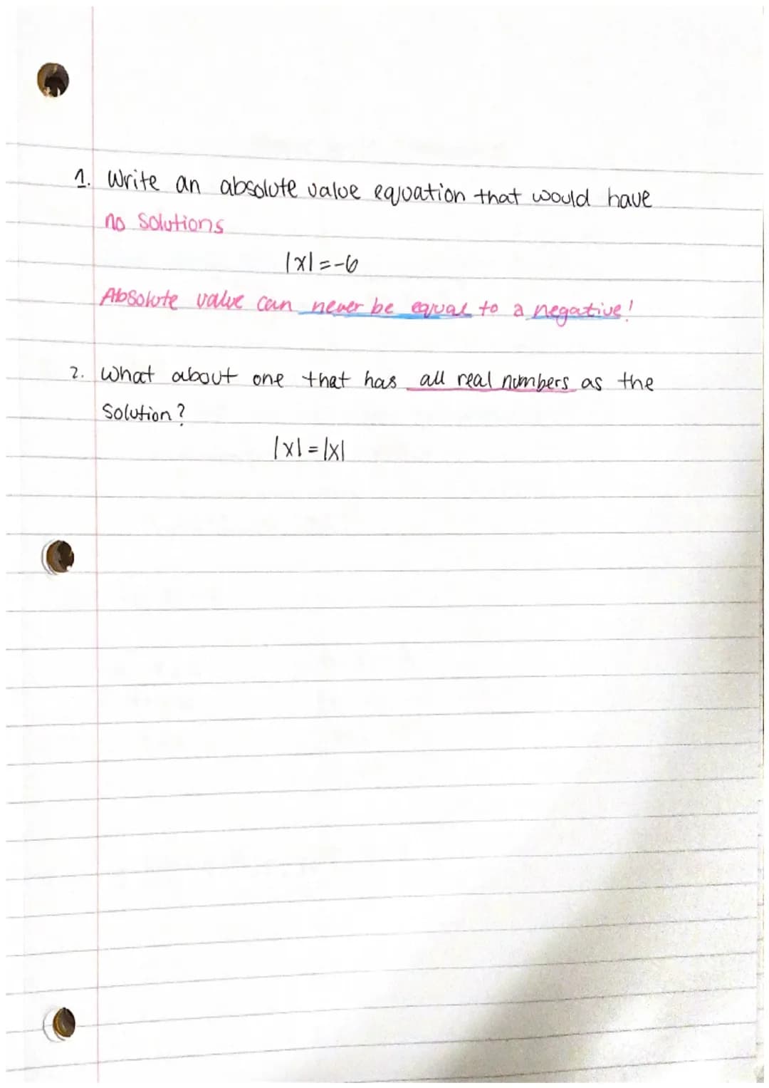 Absolute value notes Day 1
1. Absolute value of a number is the distance from 0 on a
number line. It represents positive distance without di