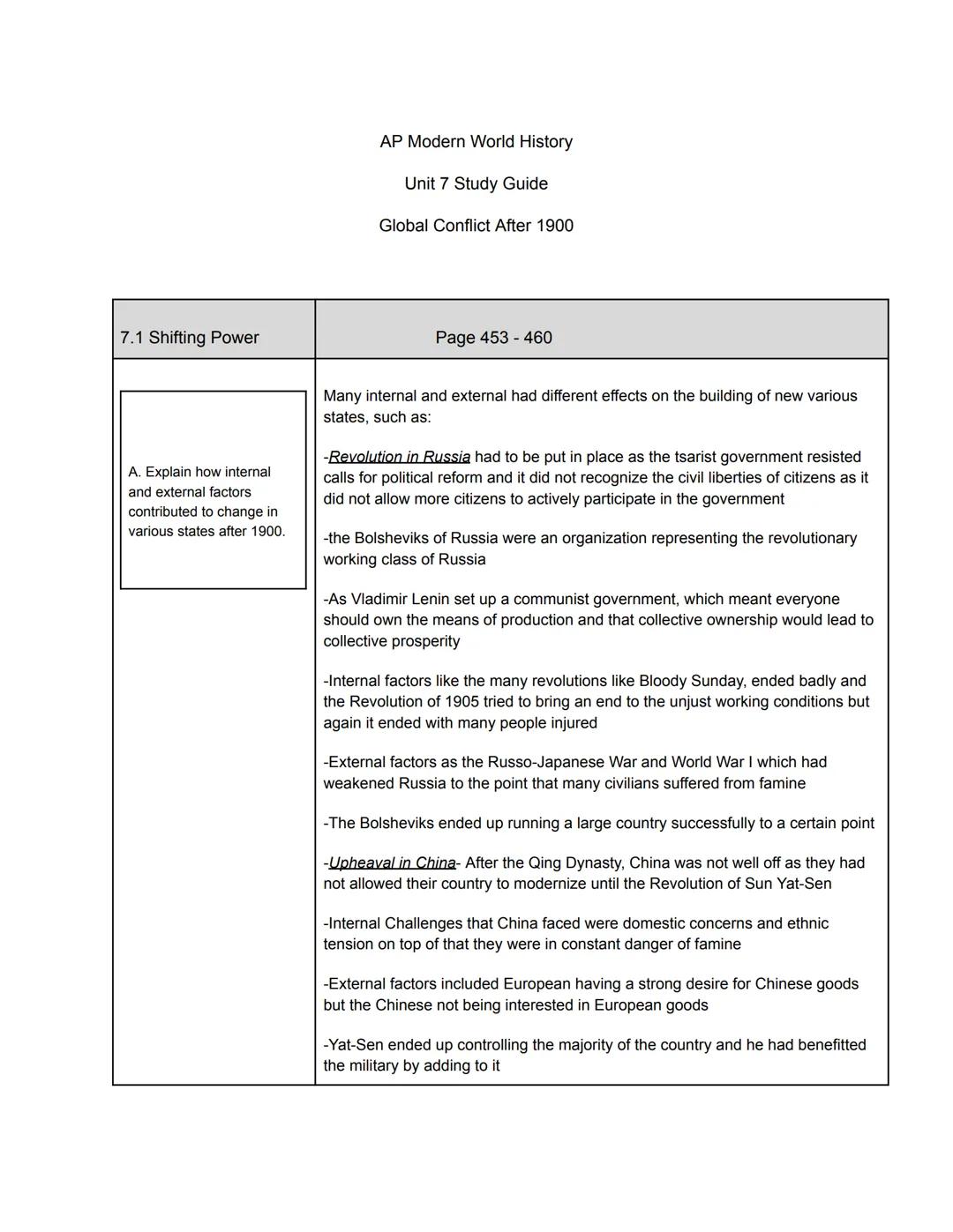 7.1 Shifting Power
A. Explain how internal
and external factors
contributed to change in
various states after 1900.
AP Modern World History
