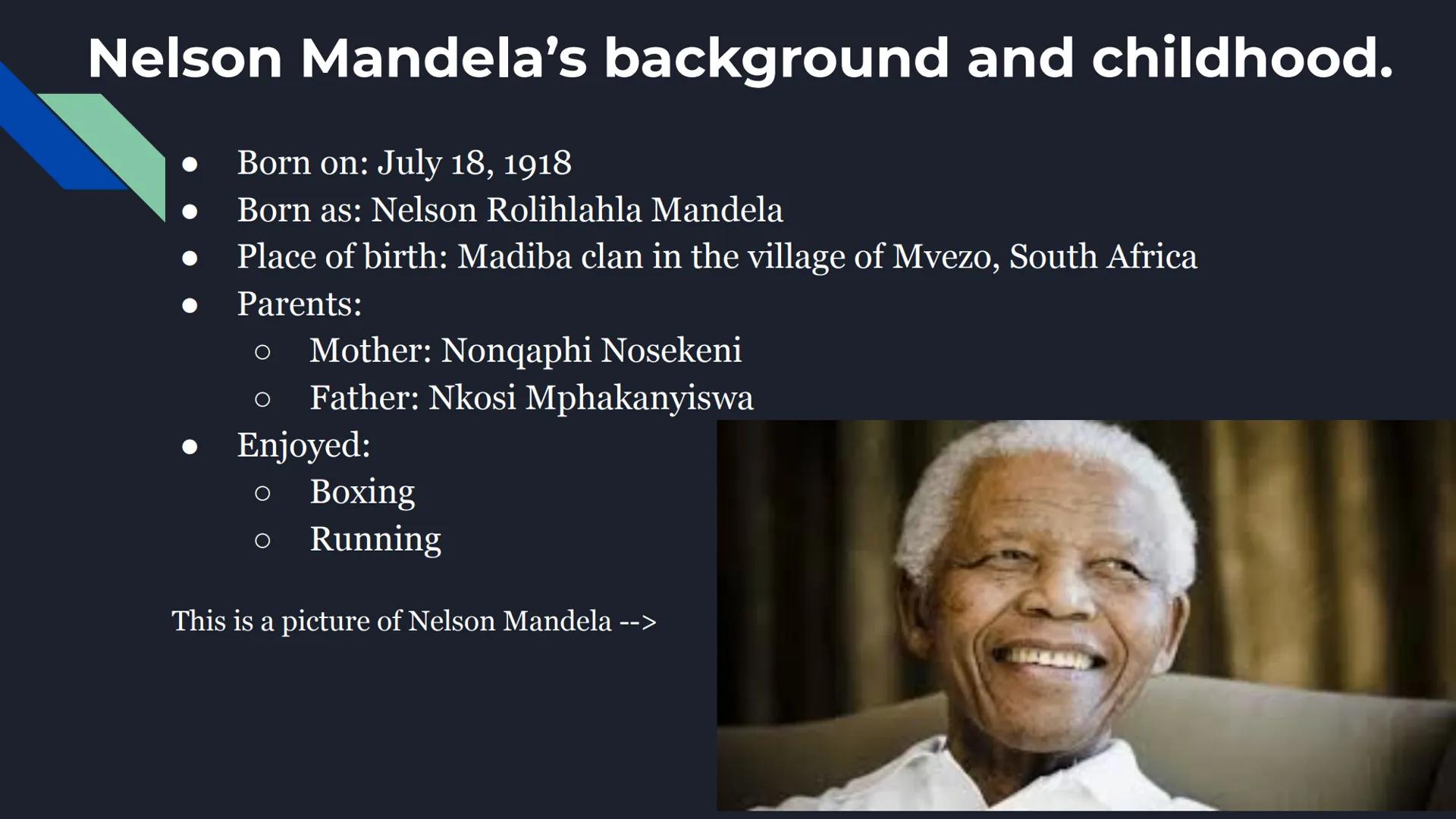 Nelson Mandela
By: Carmen Radford Nelson Mandela's background and childhood.
Born on: July 18, 1918
Born as: Nelson Rolihlahla Mandela
Place