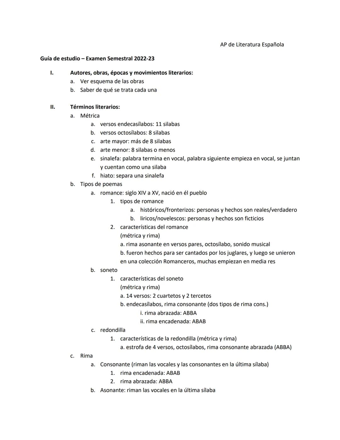 Guía de estudio - Examen Semestral 2022-23
I.
II.
Autores, obras, épocas y movimientos literarios:
a. Ver esquema de las obras
b. Saber de q
