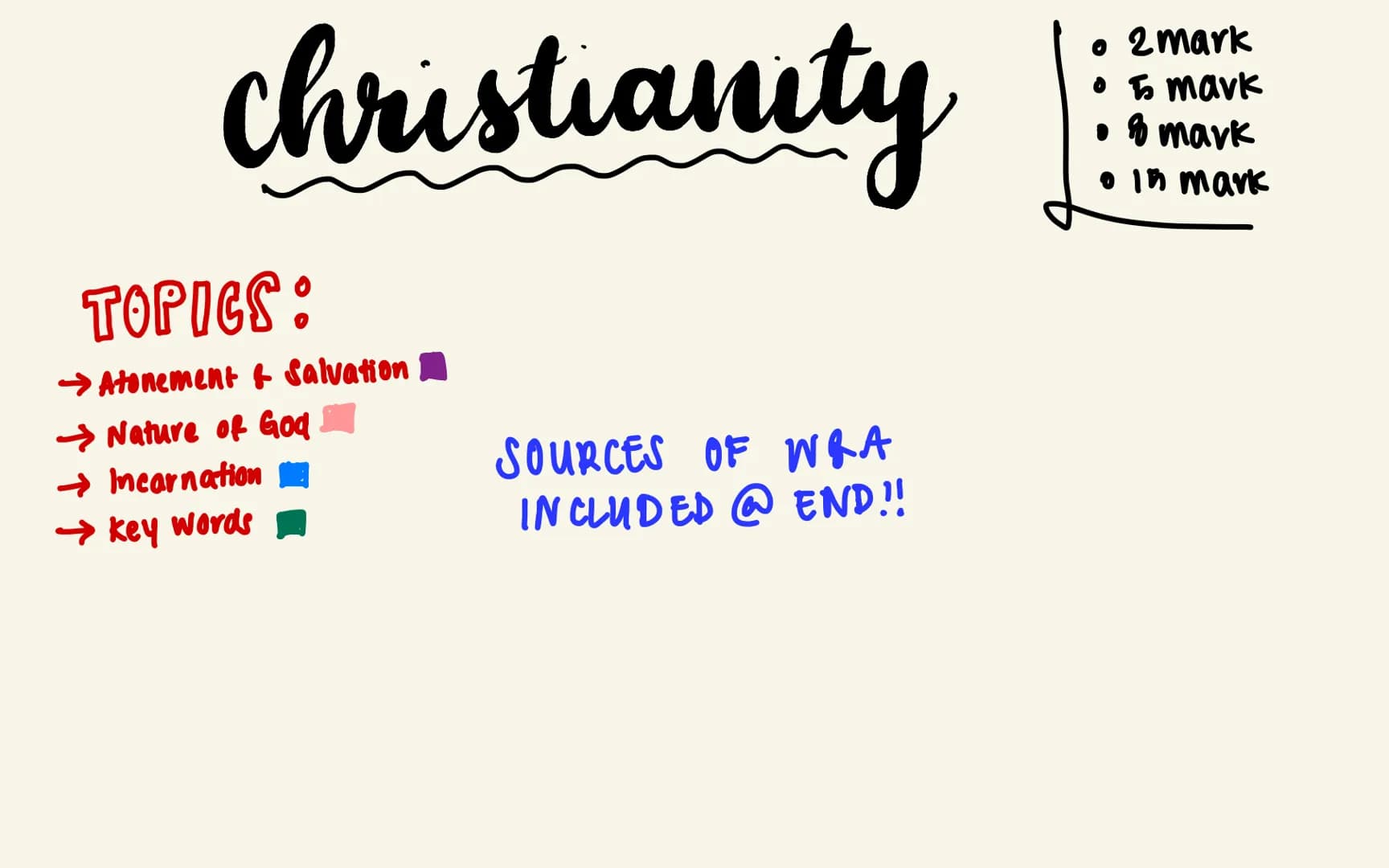 RE: REVISION (CHRISTIANITY)
МІКА РРОСT02 christianity
TOPICS:
→Atonement & Salvation
Nature of God
→ Incarnation
Key words
SOURCES OF W&A
IN