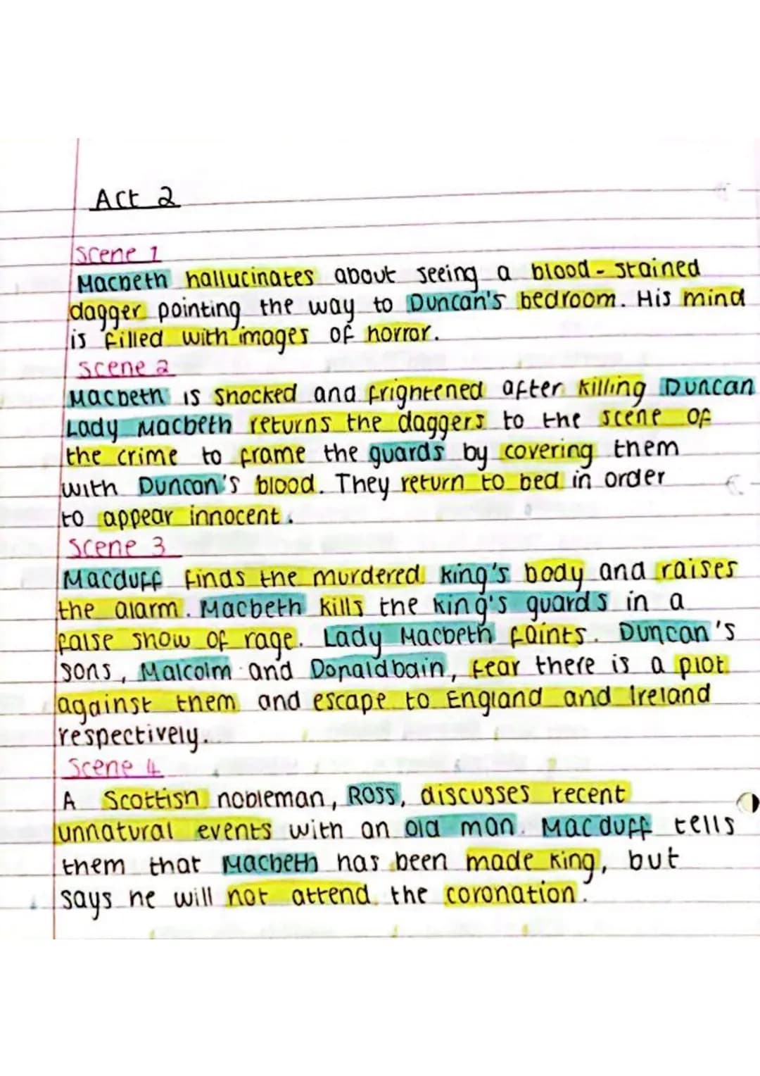 Act 2
Iscene 1
Macbeth hallucinates about seeing a blood-stained.
dagger pointing the way to Duncan's bedroom. His mind.
is filled with imag