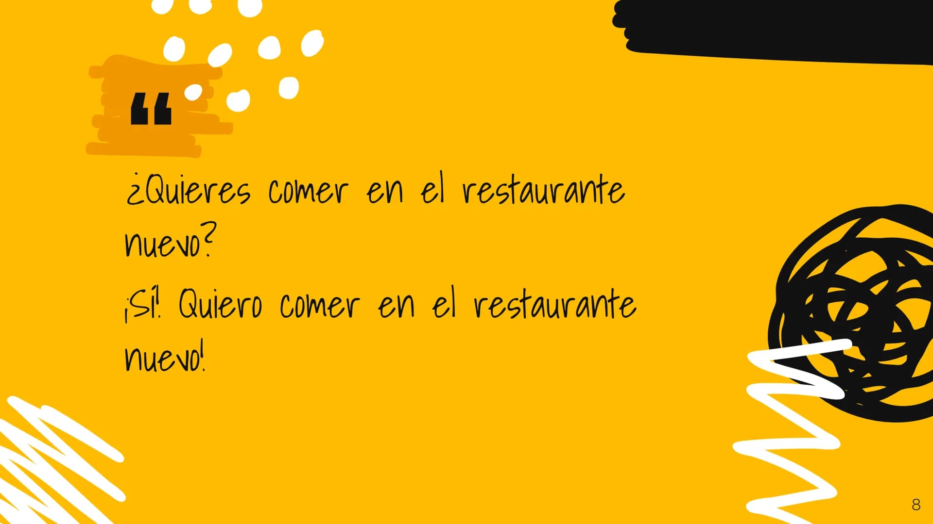 ¿Quieres comer en el restaurante
nuevo?
¡Si Quiero comer en el restaurante
nuevo!
WW
8 ar
er
ir
Yo (I) Tú (you
Inf.
Sing.)
-0-
-0-
-0-
-as-
