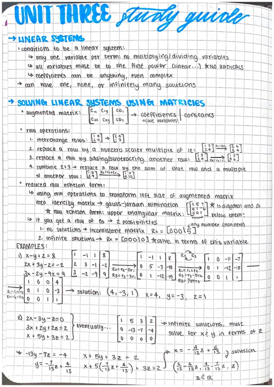 unit THREE study guide
MATRIX BASICS
dimensions: rows x columns
• notation:
• identity matrix: ₁ =
ex:
MATRIX OPERATIONS
addition subtractio