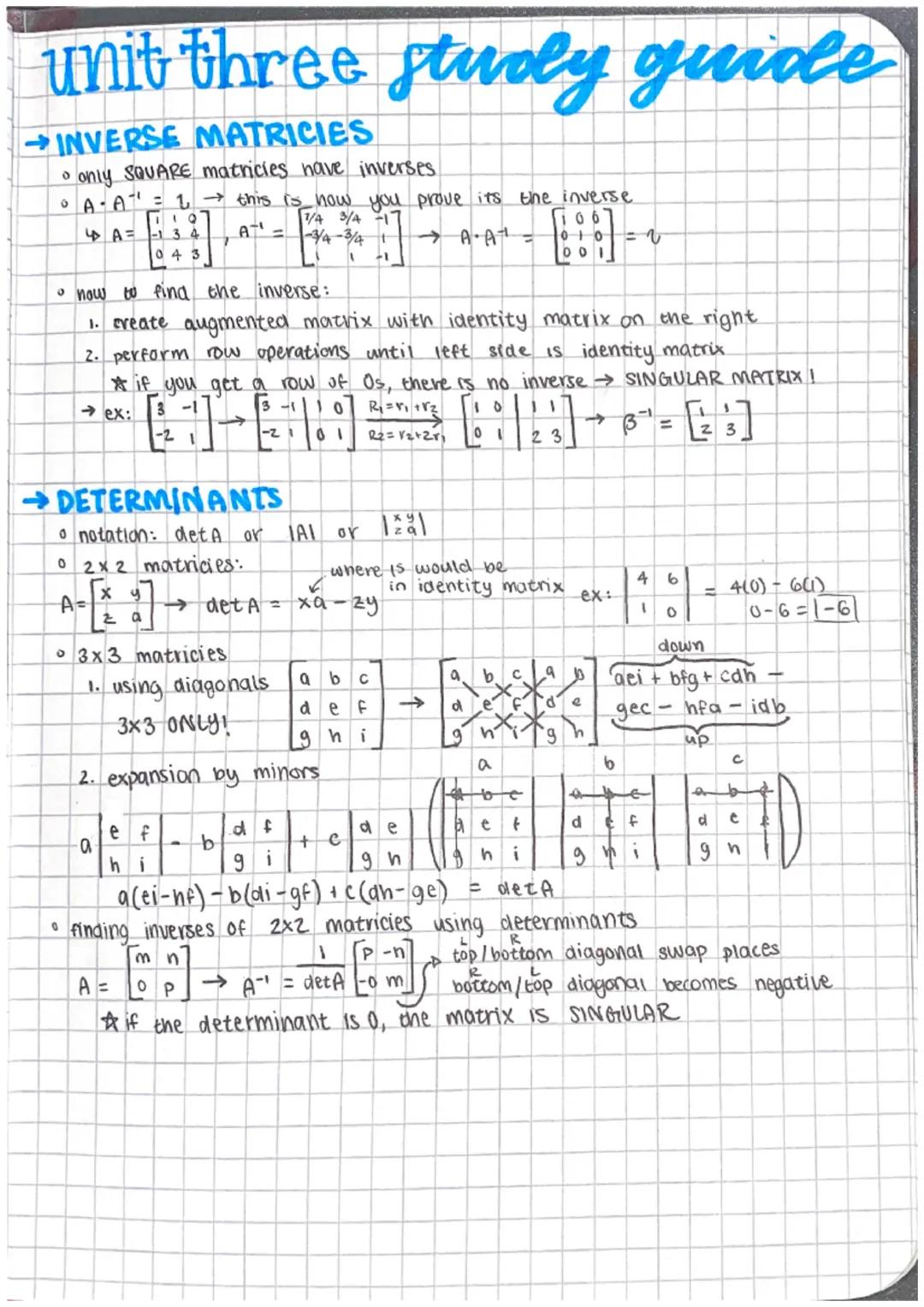 unit THREE study guide
MATRIX BASICS
dimensions: rows x columns
• notation:
• identity matrix: ₁ =
ex:
MATRIX OPERATIONS
addition subtractio