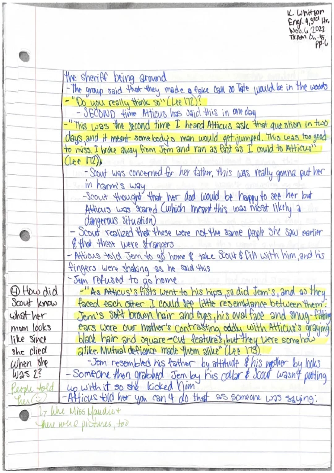 Katie Whitson
Engl. 9,3rd Hr.
Nov. 3,2022
THAM Ch.14 pp.l
Chapter 14
-Jem & Scout started to recieve more criticism about the case
... We wo