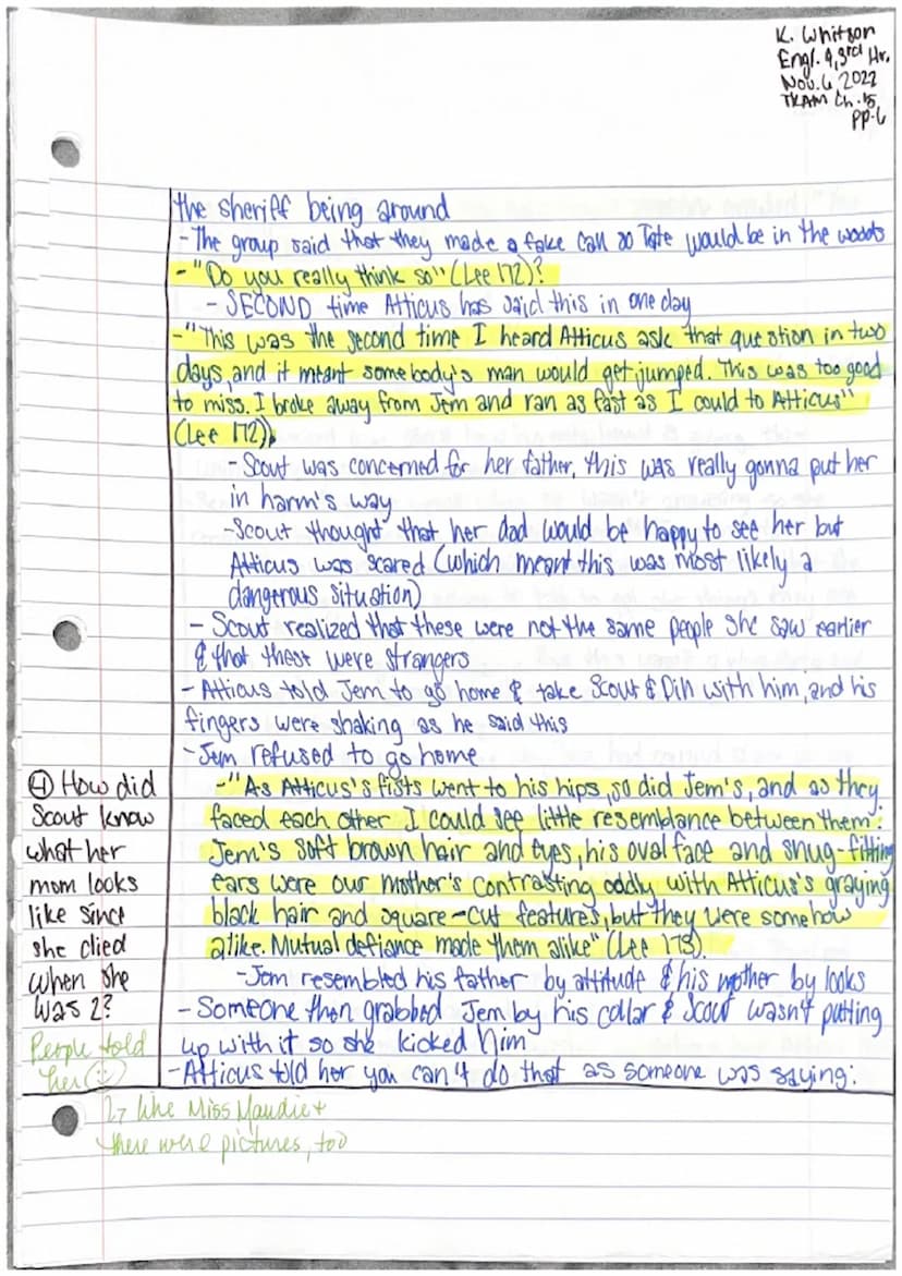 Katie Whitson
Engl. 9,3rd Hr.
Nov. 3,2022
THAM Ch.14 pp.l
Chapter 14
-Jem & Scout started to recieve more criticism about the case
... We wo