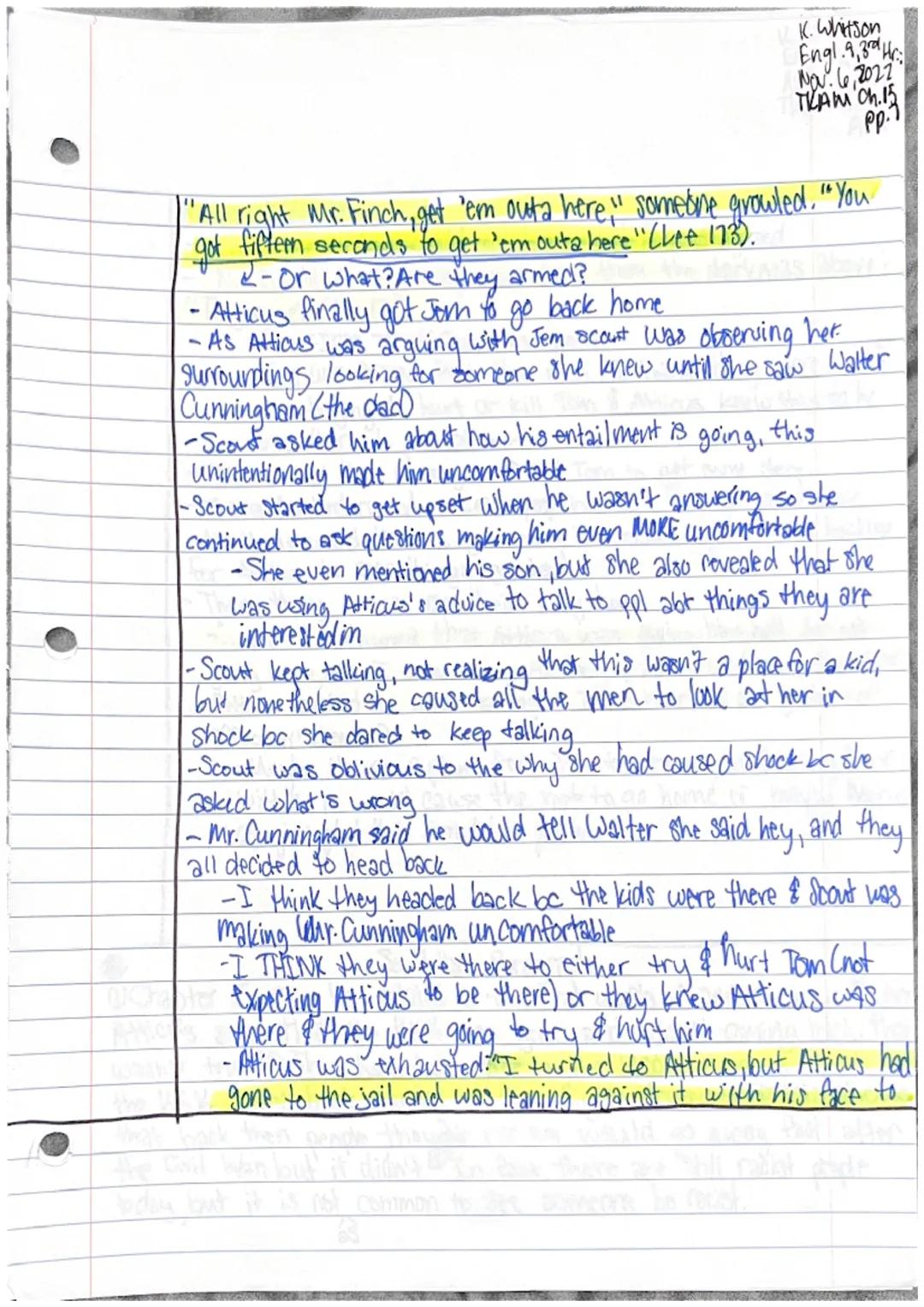 Katie Whitson
Engl. 9,3rd Hr.
Nov. 3,2022
THAM Ch.14 pp.l
Chapter 14
-Jem & Scout started to recieve more criticism about the case
... We wo