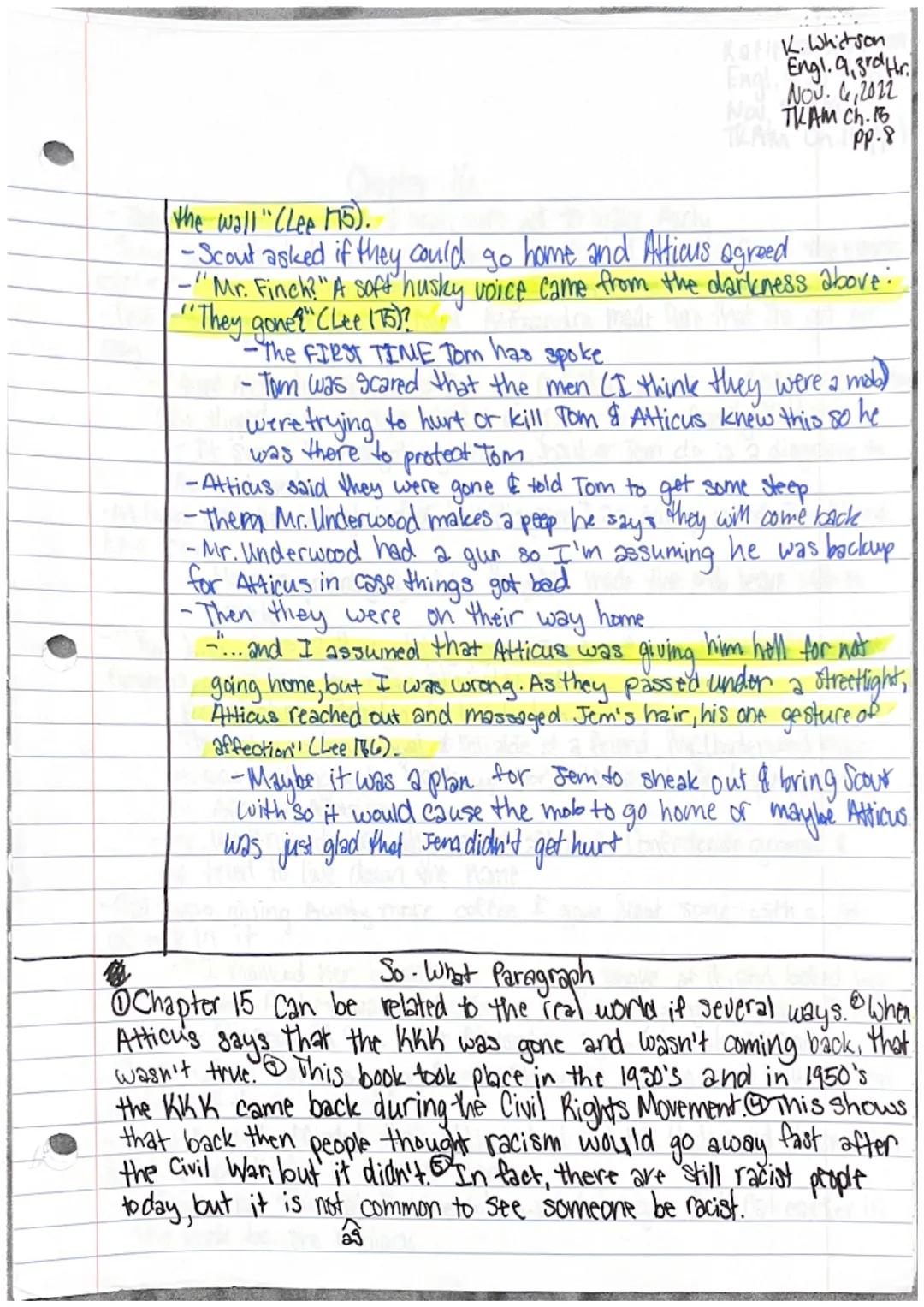 Katie Whitson
Engl. 9,3rd Hr.
Nov. 3,2022
THAM Ch.14 pp.l
Chapter 14
-Jem & Scout started to recieve more criticism about the case
... We wo