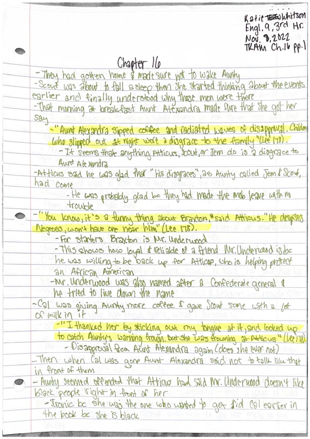 Katie Whitson
Engl. 9,3rd Hr.
Nov. 3,2022
THAM Ch.14 pp.l
Chapter 14
-Jem & Scout started to recieve more criticism about the case
... We wo