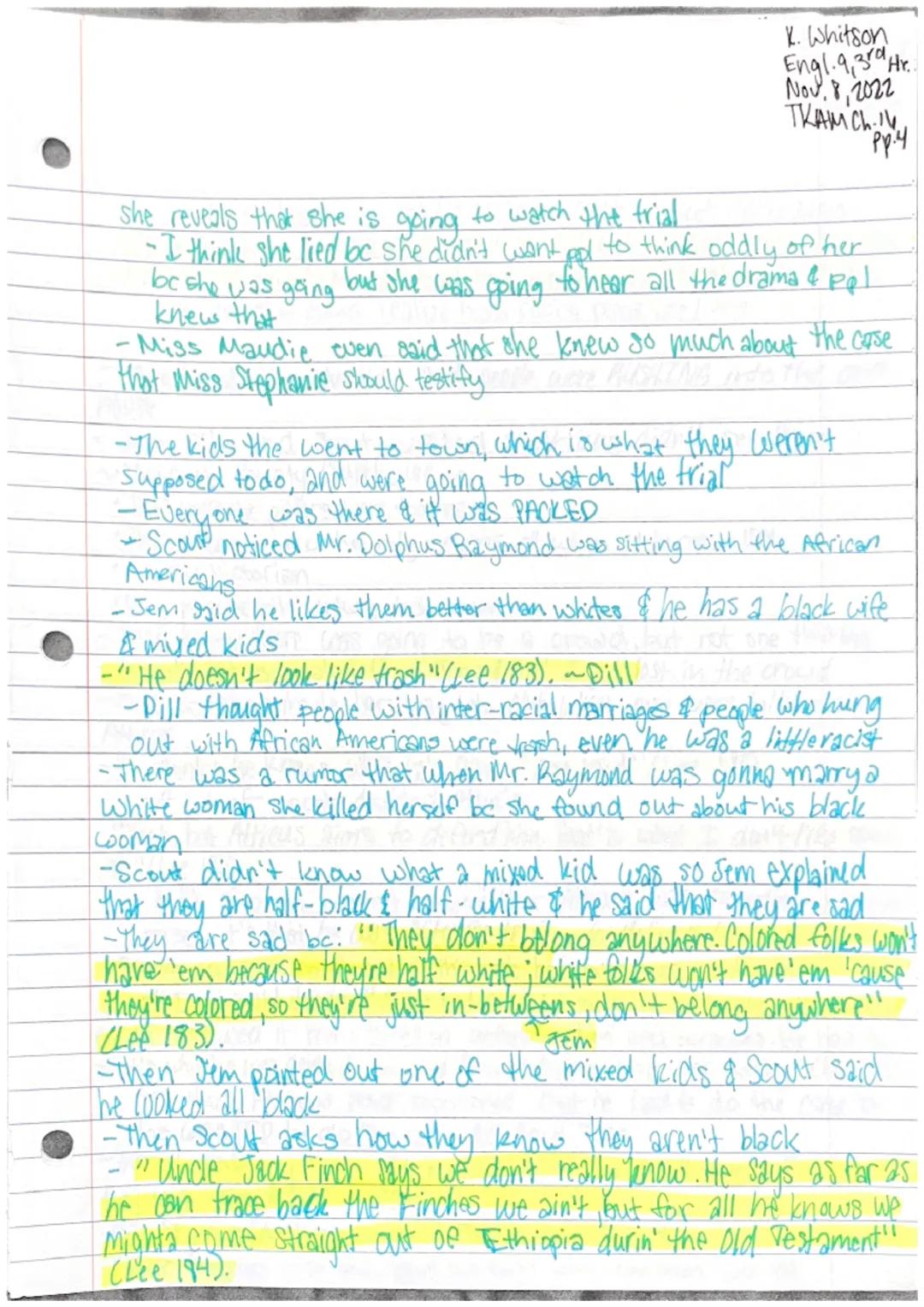 Katie Whitson
Engl. 9,3rd Hr.
Nov. 3,2022
THAM Ch.14 pp.l
Chapter 14
-Jem & Scout started to recieve more criticism about the case
... We wo