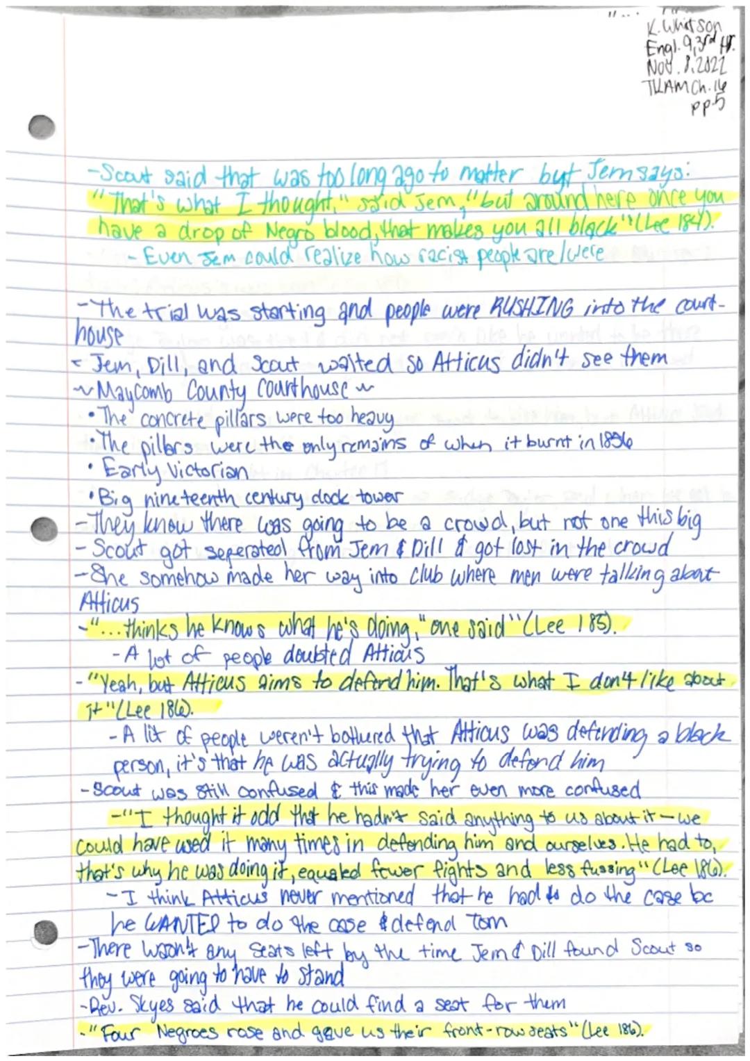 Katie Whitson
Engl. 9,3rd Hr.
Nov. 3,2022
THAM Ch.14 pp.l
Chapter 14
-Jem & Scout started to recieve more criticism about the case
... We wo