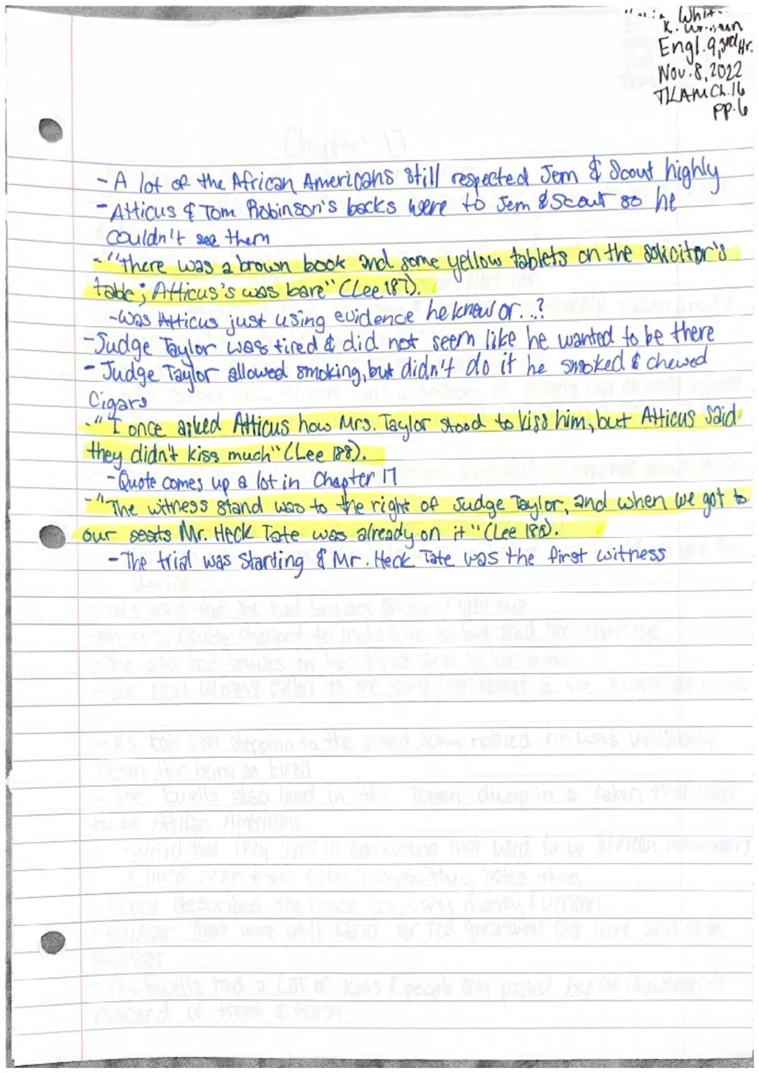 Katie Whitson
Engl. 9,3rd Hr.
Nov. 3,2022
THAM Ch.14 pp.l
Chapter 14
-Jem & Scout started to recieve more criticism about the case
... We wo