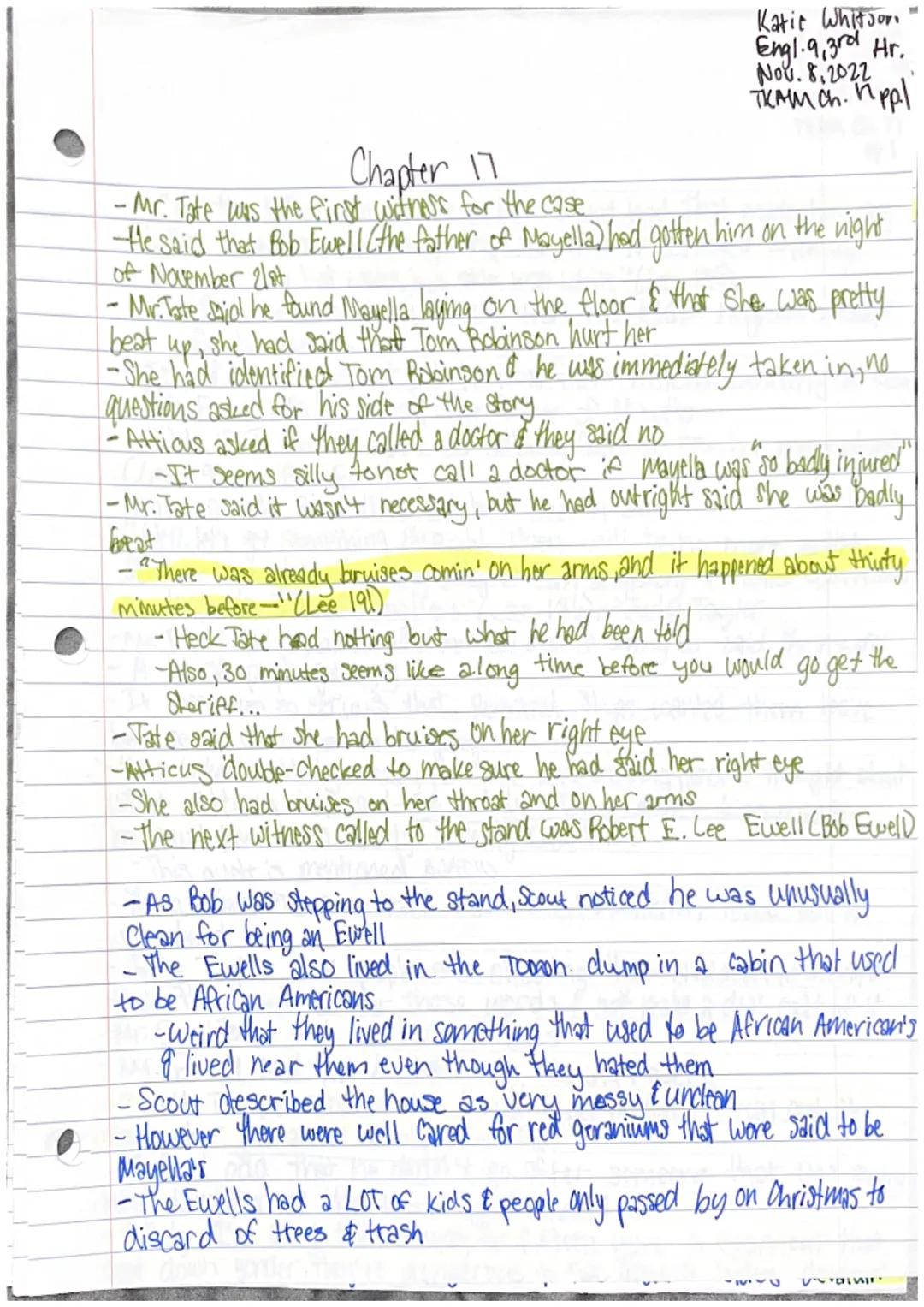 Katie Whitson
Engl. 9,3rd Hr.
Nov. 3,2022
THAM Ch.14 pp.l
Chapter 14
-Jem & Scout started to recieve more criticism about the case
... We wo