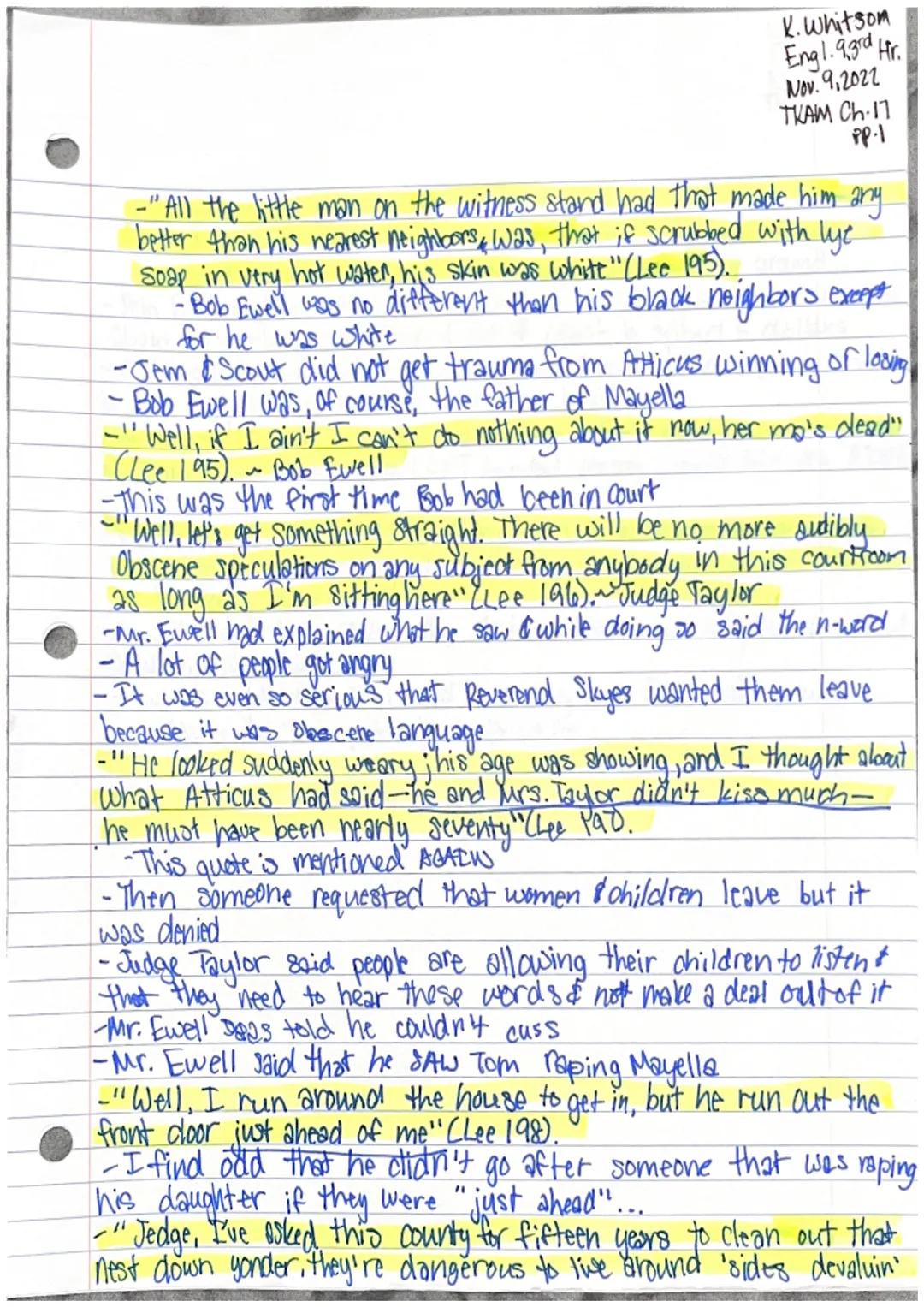 Katie Whitson
Engl. 9,3rd Hr.
Nov. 3,2022
THAM Ch.14 pp.l
Chapter 14
-Jem & Scout started to recieve more criticism about the case
... We wo