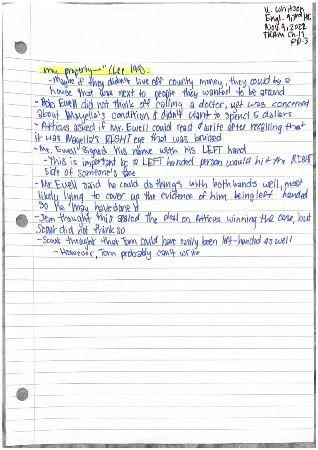 Katie Whitson
Engl. 9,3rd Hr.
Nov. 3,2022
THAM Ch.14 pp.l
Chapter 14
-Jem & Scout started to recieve more criticism about the case
... We wo