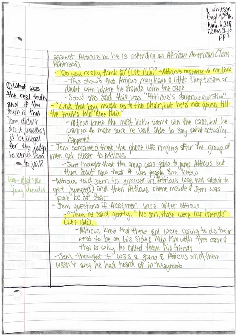 Katie Whitson
Engl. 9,3rd Hr.
Nov. 3,2022
THAM Ch.14 pp.l
Chapter 14
-Jem & Scout started to recieve more criticism about the case
... We wo