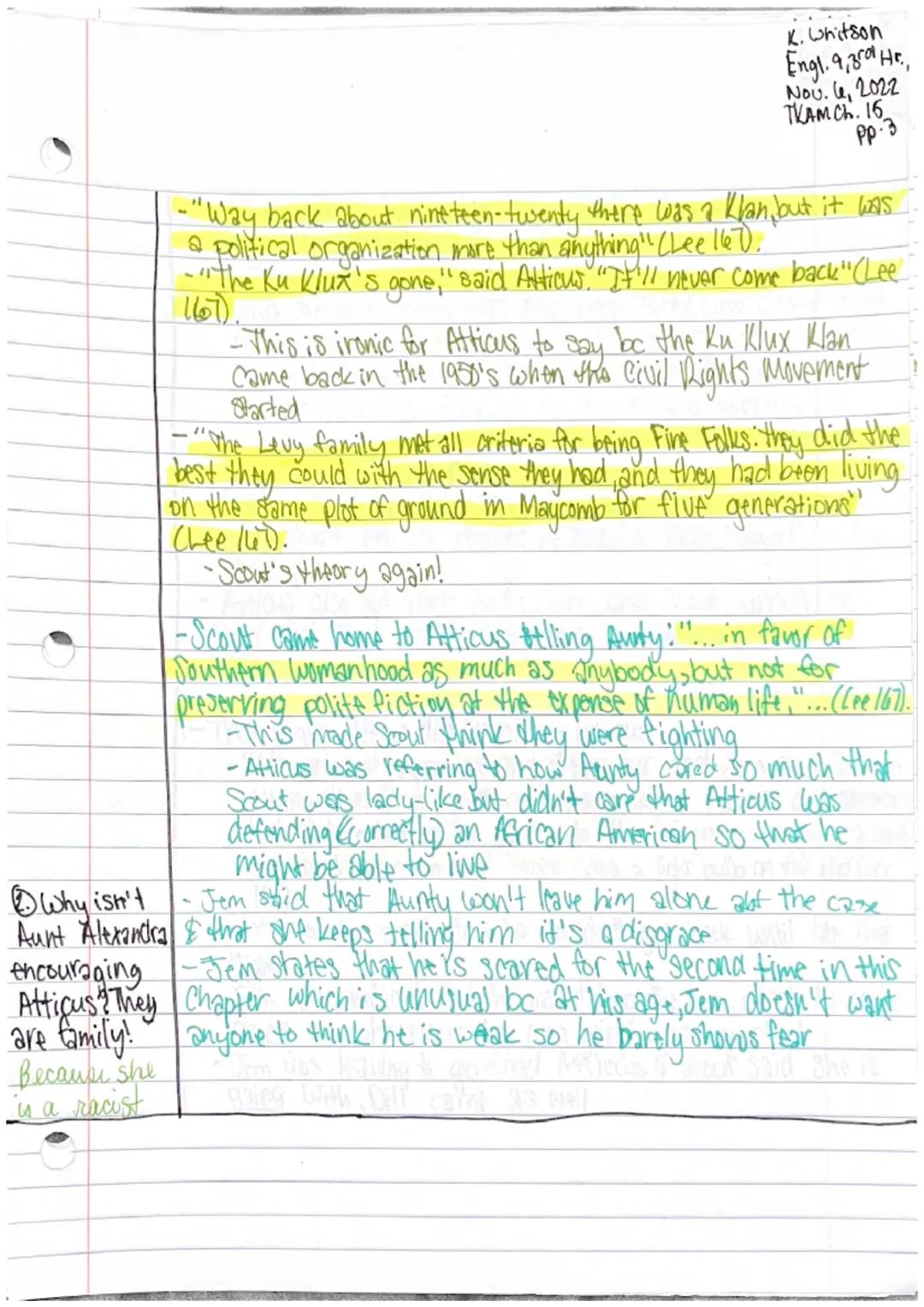 Katie Whitson
Engl. 9,3rd Hr.
Nov. 3,2022
THAM Ch.14 pp.l
Chapter 14
-Jem & Scout started to recieve more criticism about the case
... We wo