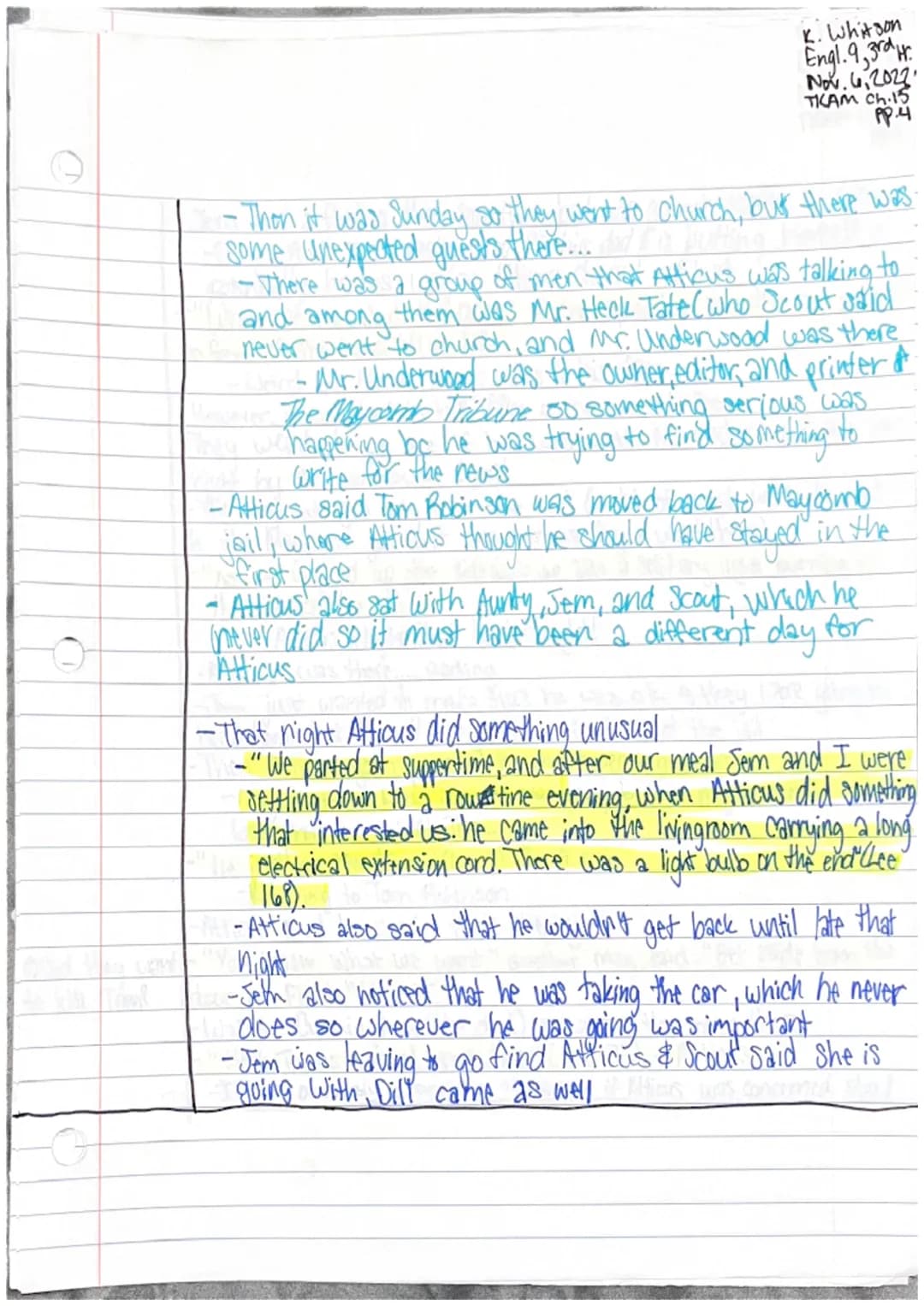 Katie Whitson
Engl. 9,3rd Hr.
Nov. 3,2022
THAM Ch.14 pp.l
Chapter 14
-Jem & Scout started to recieve more criticism about the case
... We wo