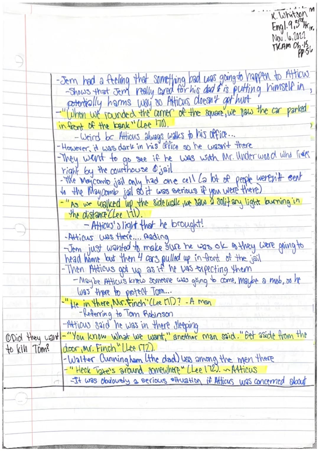 Katie Whitson
Engl. 9,3rd Hr.
Nov. 3,2022
THAM Ch.14 pp.l
Chapter 14
-Jem & Scout started to recieve more criticism about the case
... We wo