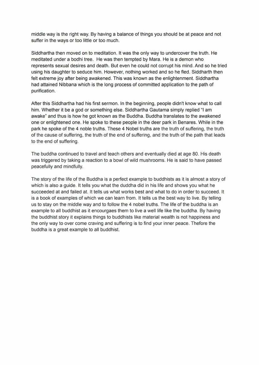 Life of the Buddha Essay - Zarah Munro
"The life of the buddha is an exampple to all buddhists." Explain why the
Buddha's life is views in t