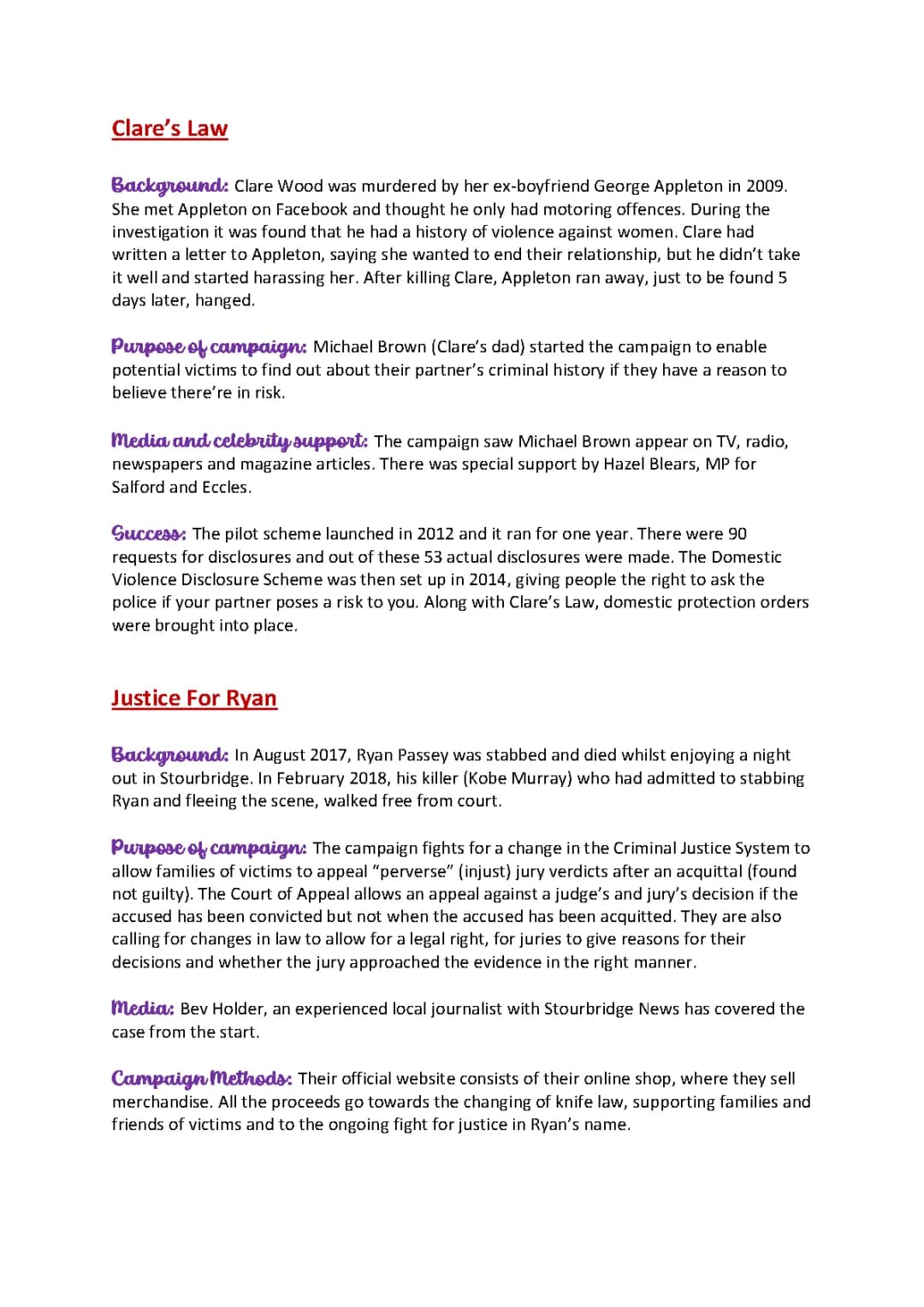 Compare Campaigns for Change: Clare's Law and Justice for Ryan Essay - Questions and Answers