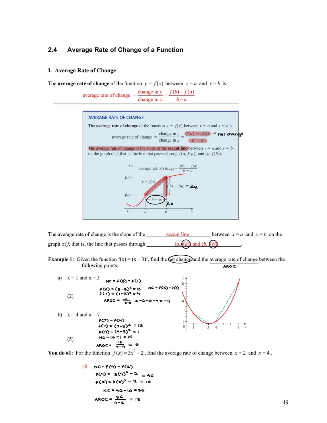 2.4 Average Rate of Change of a Function
I. Average Rate of Change
The average rate of change of the function y = f(x) between x = a and x =