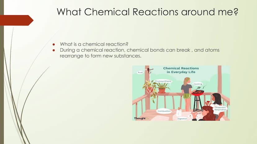 Chemical Reactions and
Balancing What Chemical Reactions around me?
What is a chemical reaction?
During a chemical reaction, chemical bonds 