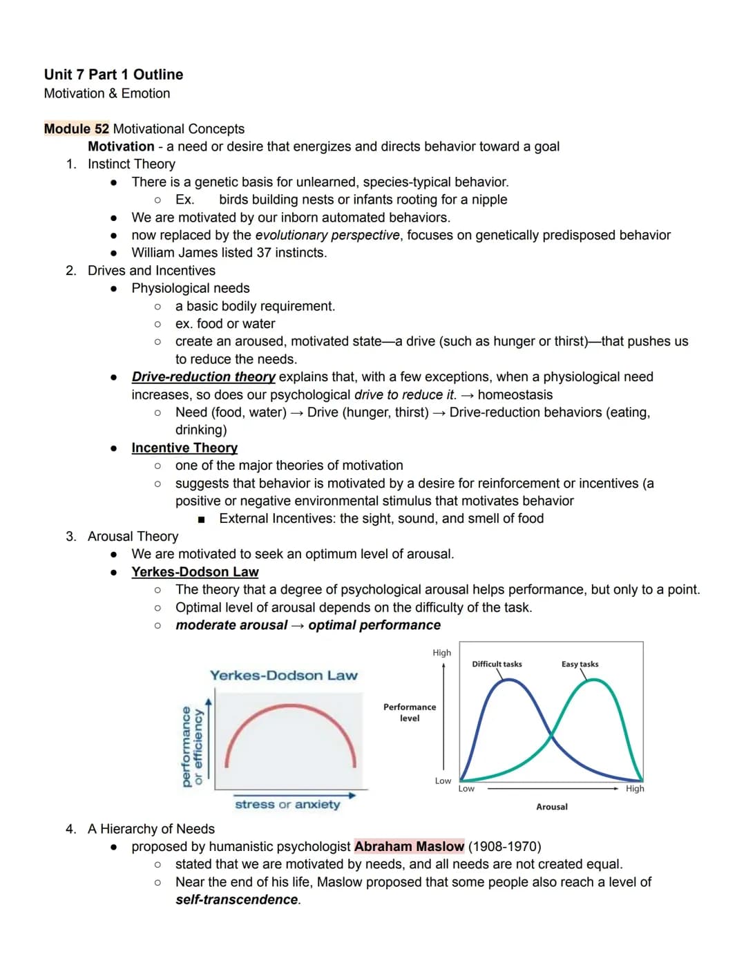 AP Psychology Unit 7: Motivation, Emotion, and Personality Outline