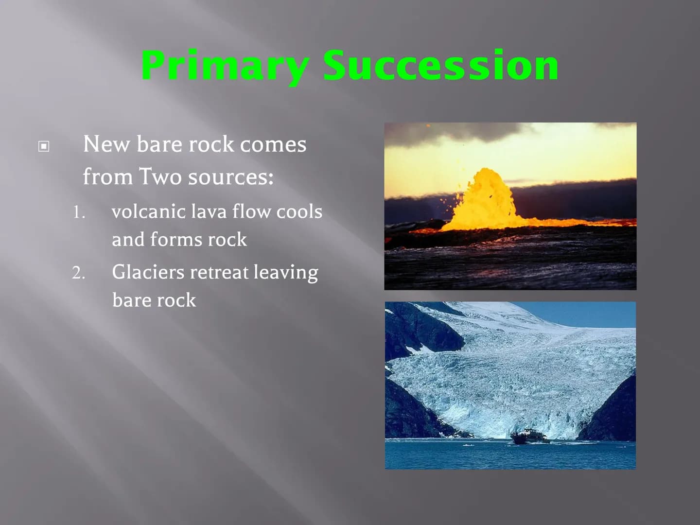 SUCCESSION
a series of changes in a community in which
new populations of organisms gradually
replace existing ones
Primary Succession
Secon