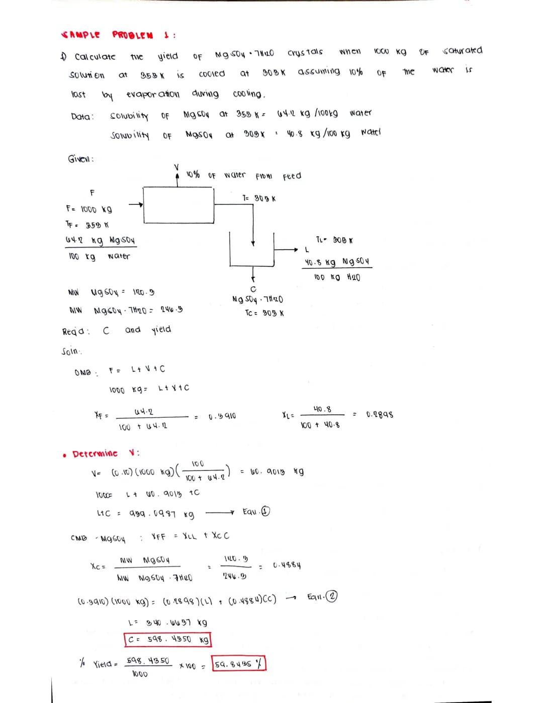 SAMPLE PROBLEM
Calculate the yield OF Mg 504 7H120
solution
Data:
Given:
MW
last by evaporation during cooling.
OF MgSO4 at 350 K =
MgSO4 Ot