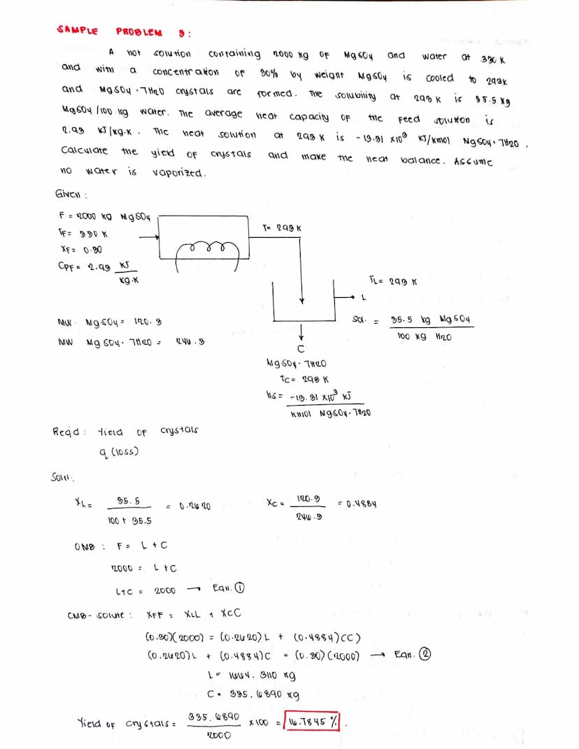 SAMPLE PROBLEM
Calculate the yield OF Mg 504 7H120
solution
Data:
Given:
MW
last by evaporation during cooling.
OF MgSO4 at 350 K =
MgSO4 Ot