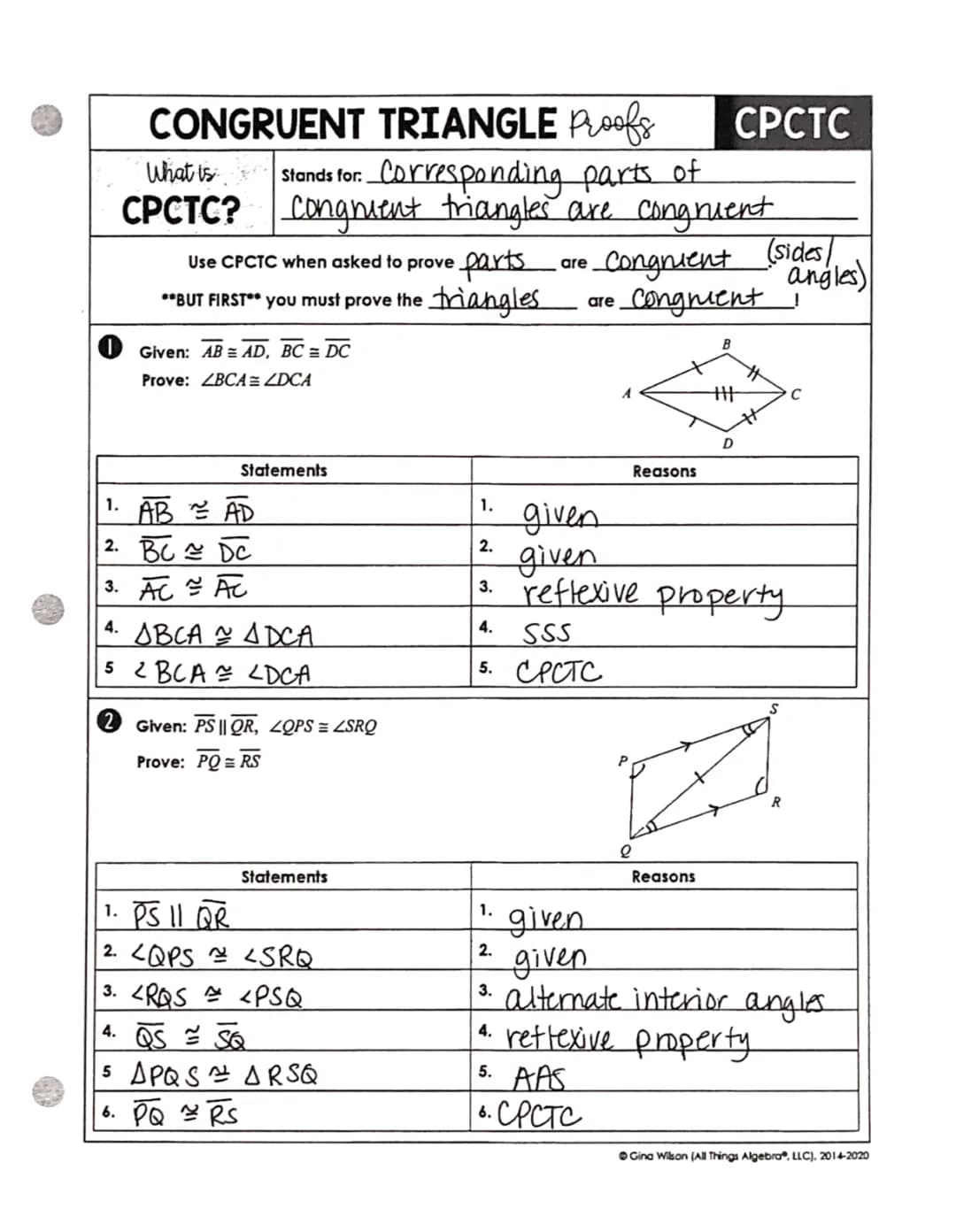 Easy Congruent Triangles Proofs with CPCTC Answers and Examples